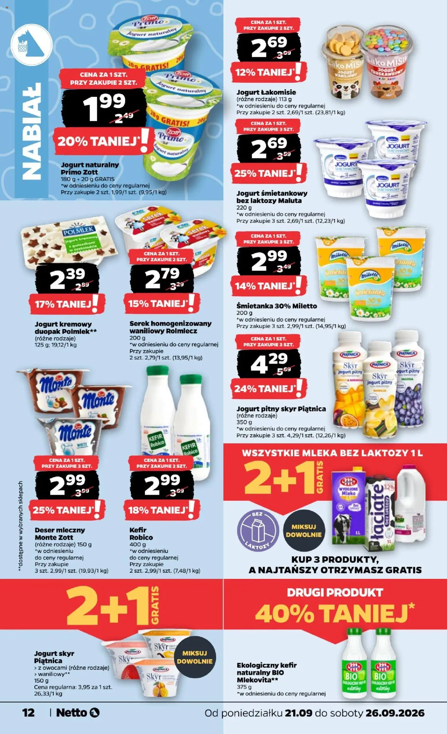 Netto gazetka od poniedziałku od 21.09.2026 | Strona: 12 | Produkty: Jogurt Skyr, Jogurt śmietankowy, Cream cheese, Jogurt pitny