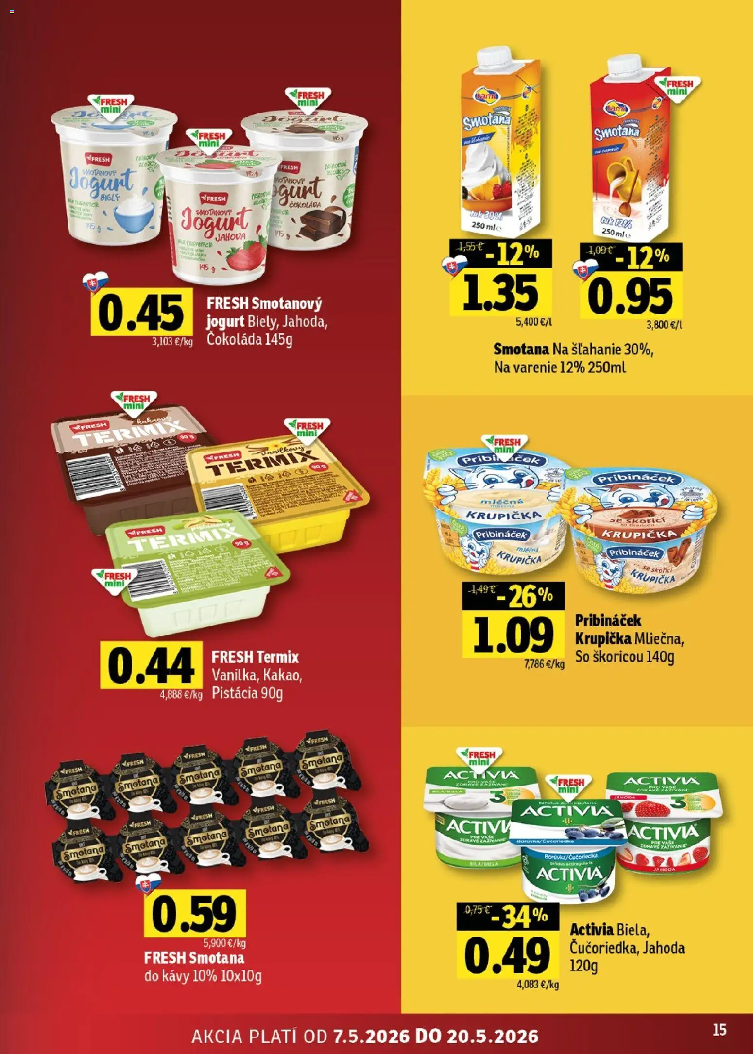 Nové Fresh akcie – leták je platný od 07.05.2026 | Strana: 15 | Produkty: Jogurt, Smotana, Čokoláda