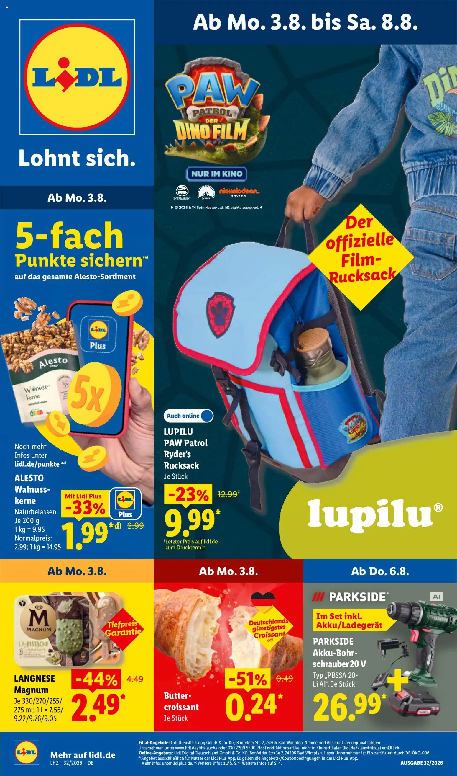 Lidl Německo leták od 03.08.2026 | Strana: 1 | Produkty: Parkside, Magnum, Croissant