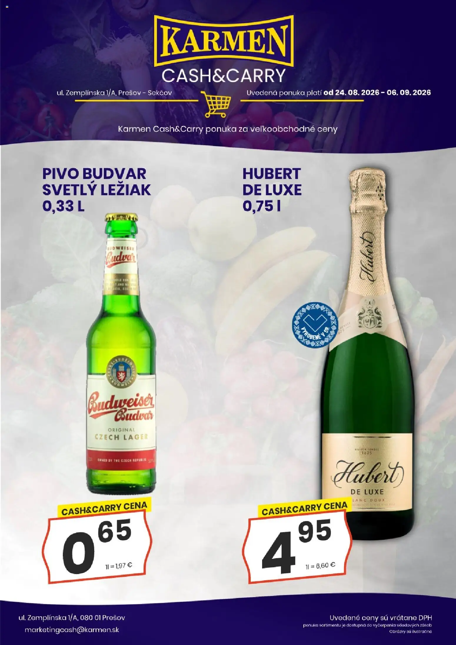 Nové KARMEN CBA akcie – leták je platný od 24.08.2026 | Strana: 2 | Produkty: Pivo, Budvar, Hubert de Luxe