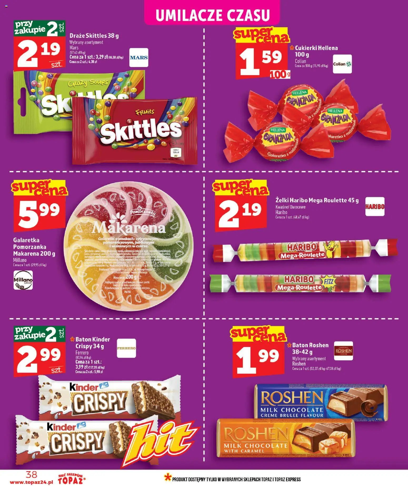 Topaz gazetka - Ceny małe na stałe od 18.06.2026 | Strona: 38 | Produkty: Galaretka, Baton, Żelki, Cukierki