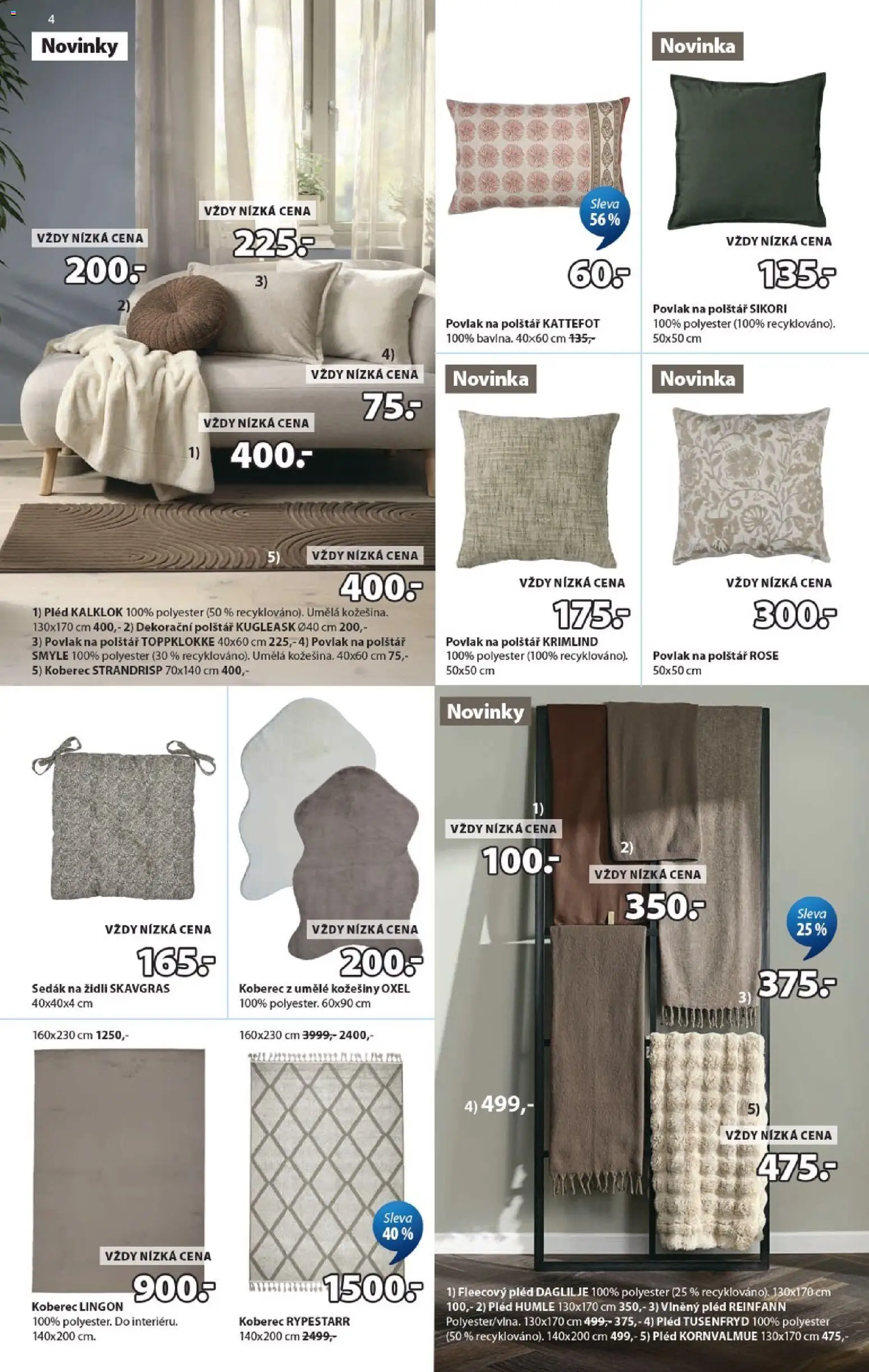 JYSK leták od 16.09.2026 | Strana: 4 | Produkty: Povlak na polštář, Polštář, Koberec