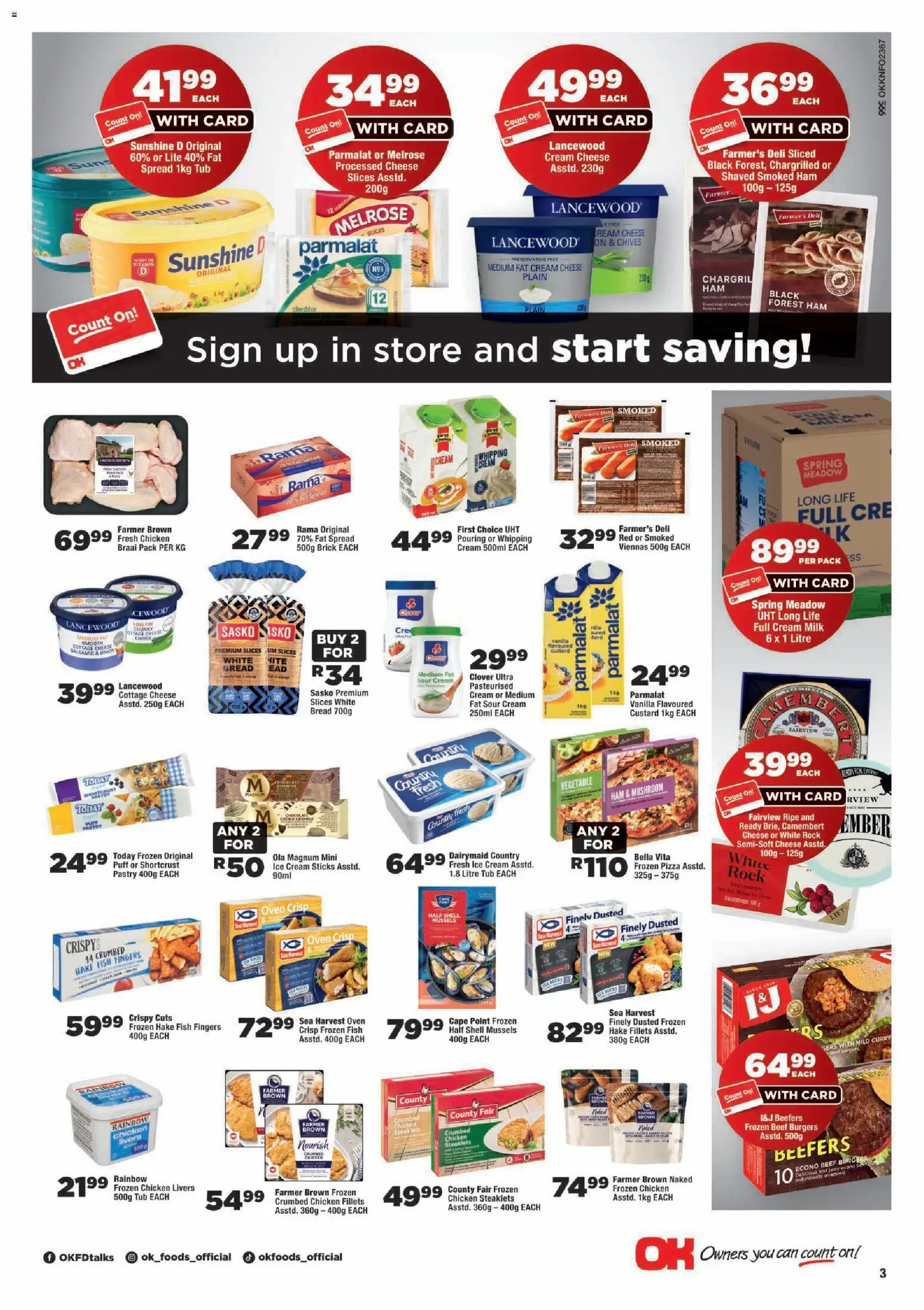 New OK Foods catalogue – valid from 15/07/2026 | Page: 3 | Products: Custard, Ham, Fish, Burgers