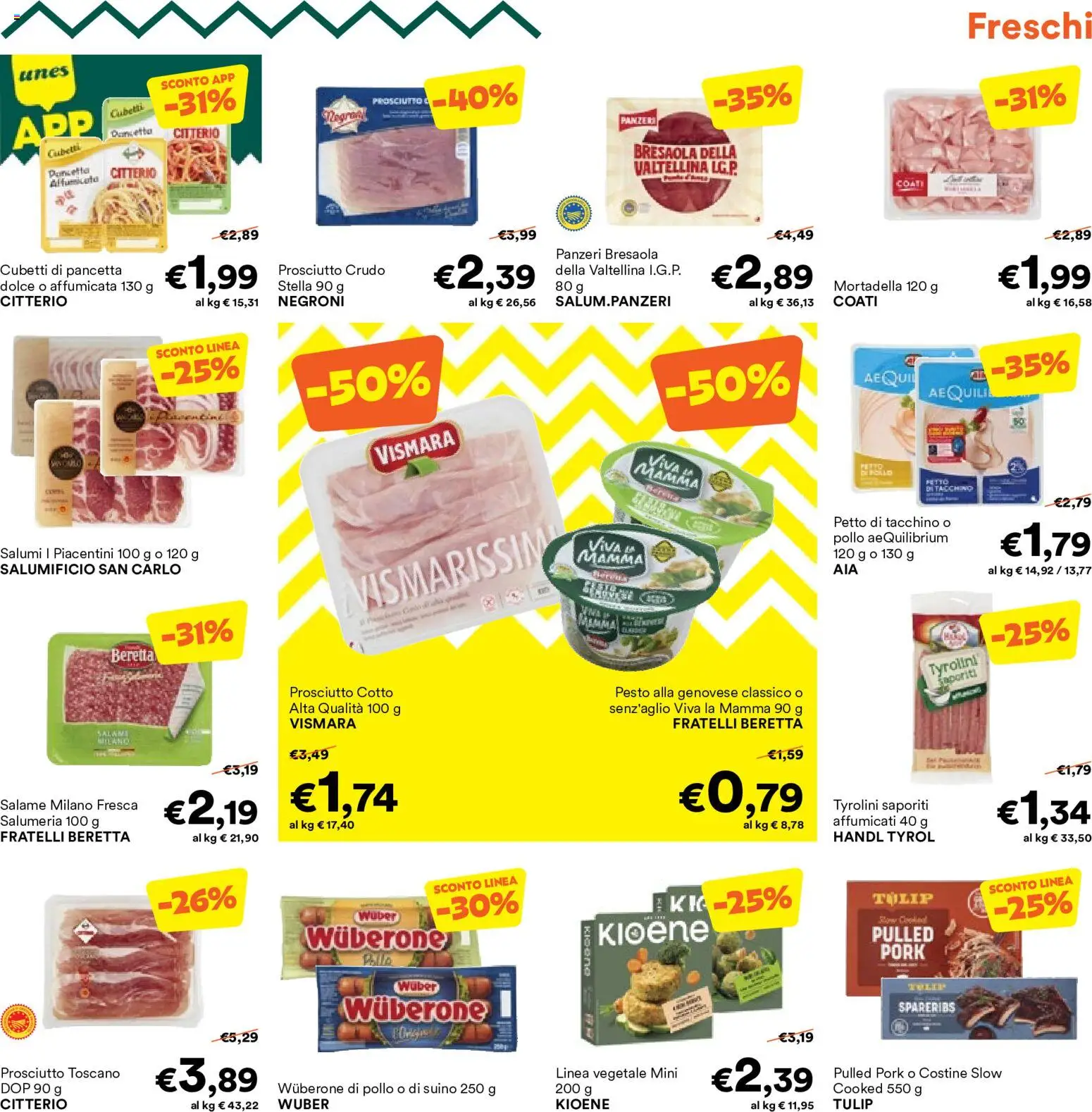 Volantino Unes del 17.06.2026 | Pagina: 9 | Prodotti: Prosciutto Crudo, Pancetta, Tacchino, Pesto