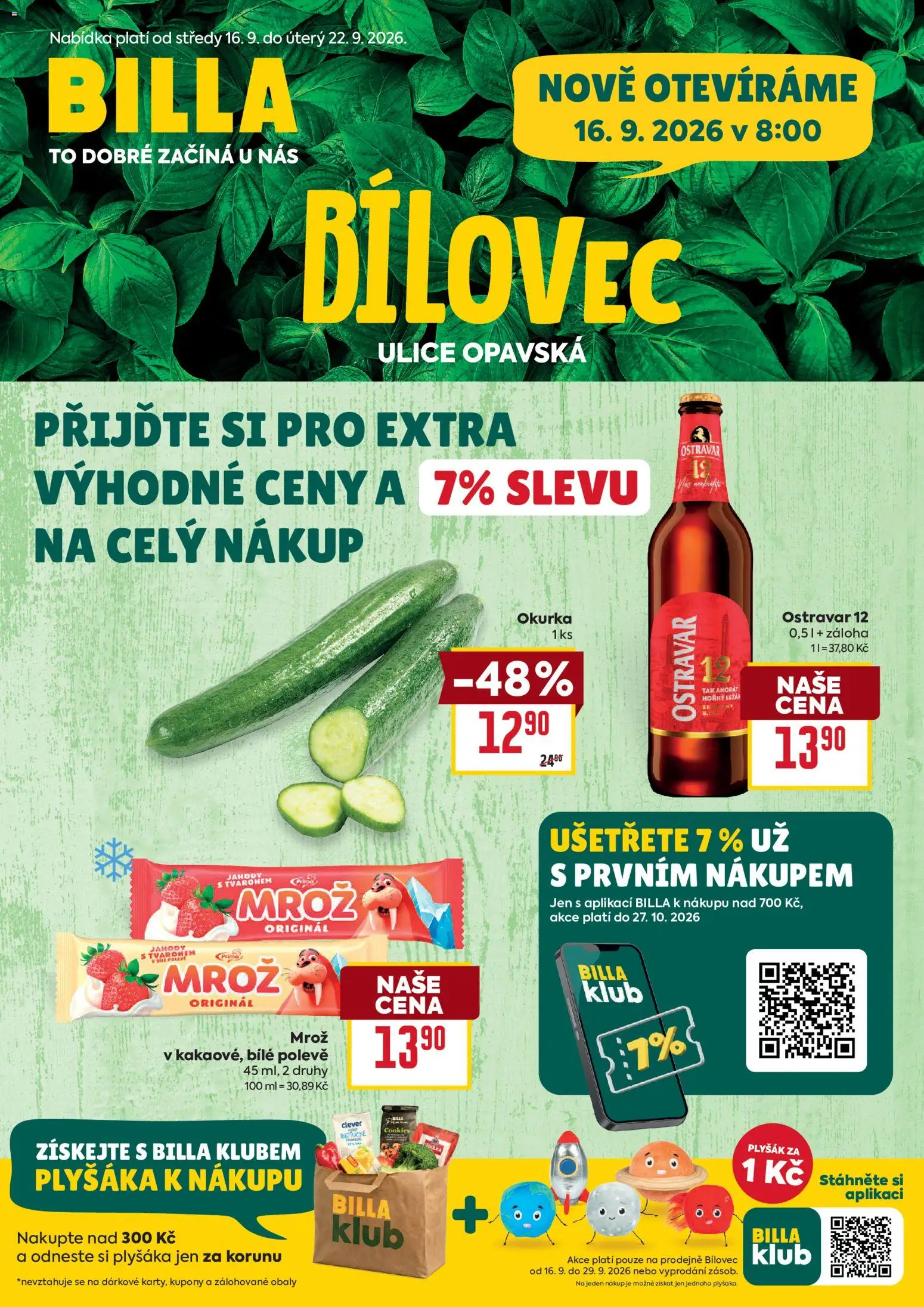 Billa leták - Bílovec od 16.09.2026 | Strana: 1 | Produkty: Jahody, Cookies, Clever, Plyšák