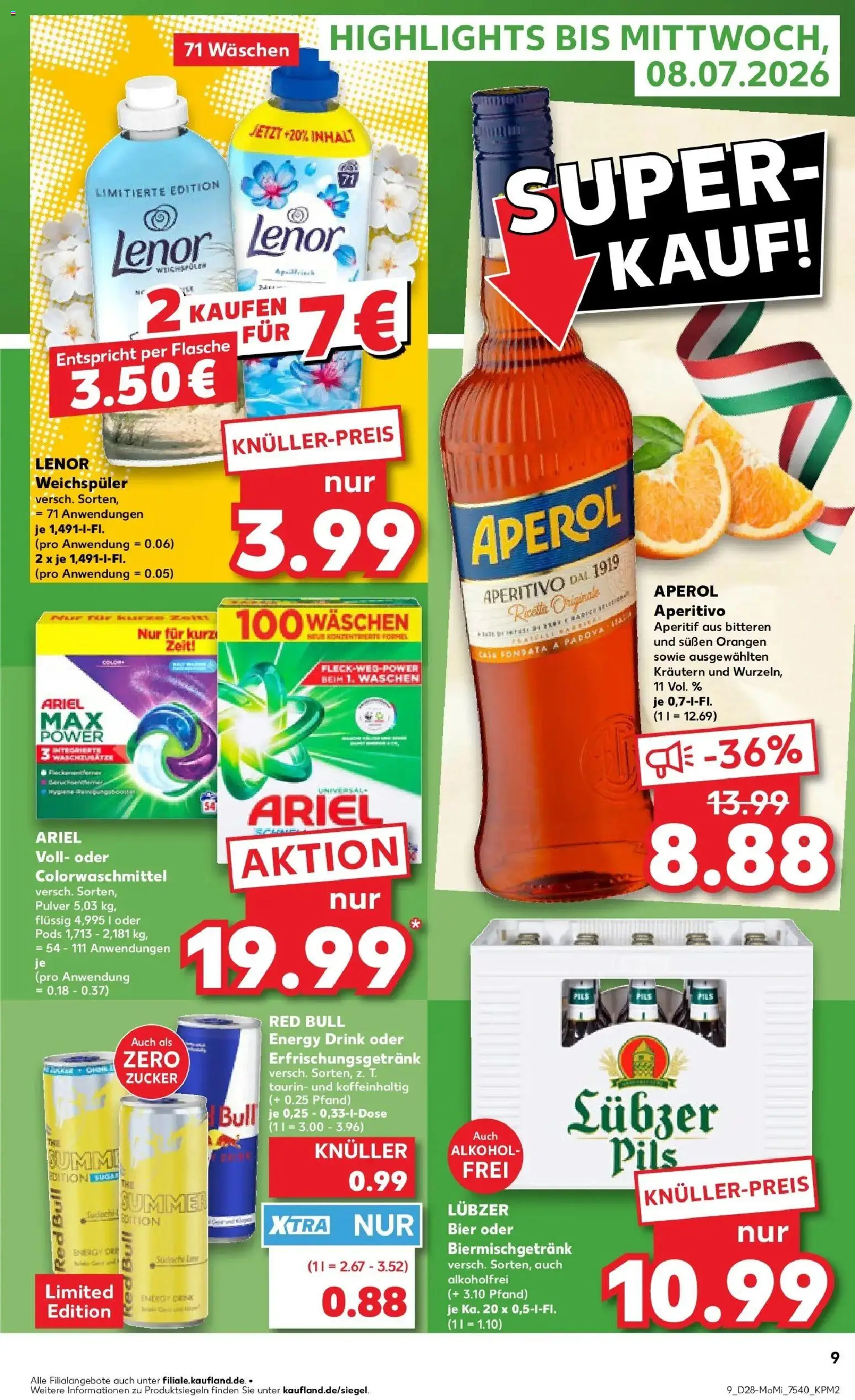 Kaufland Kaufland: Mo-Mi Der Wochenstart – gültig ab 05.07.2026 | Seite: 9 | Produkte: Bier, Weichspüler, Aperol, Lubzer