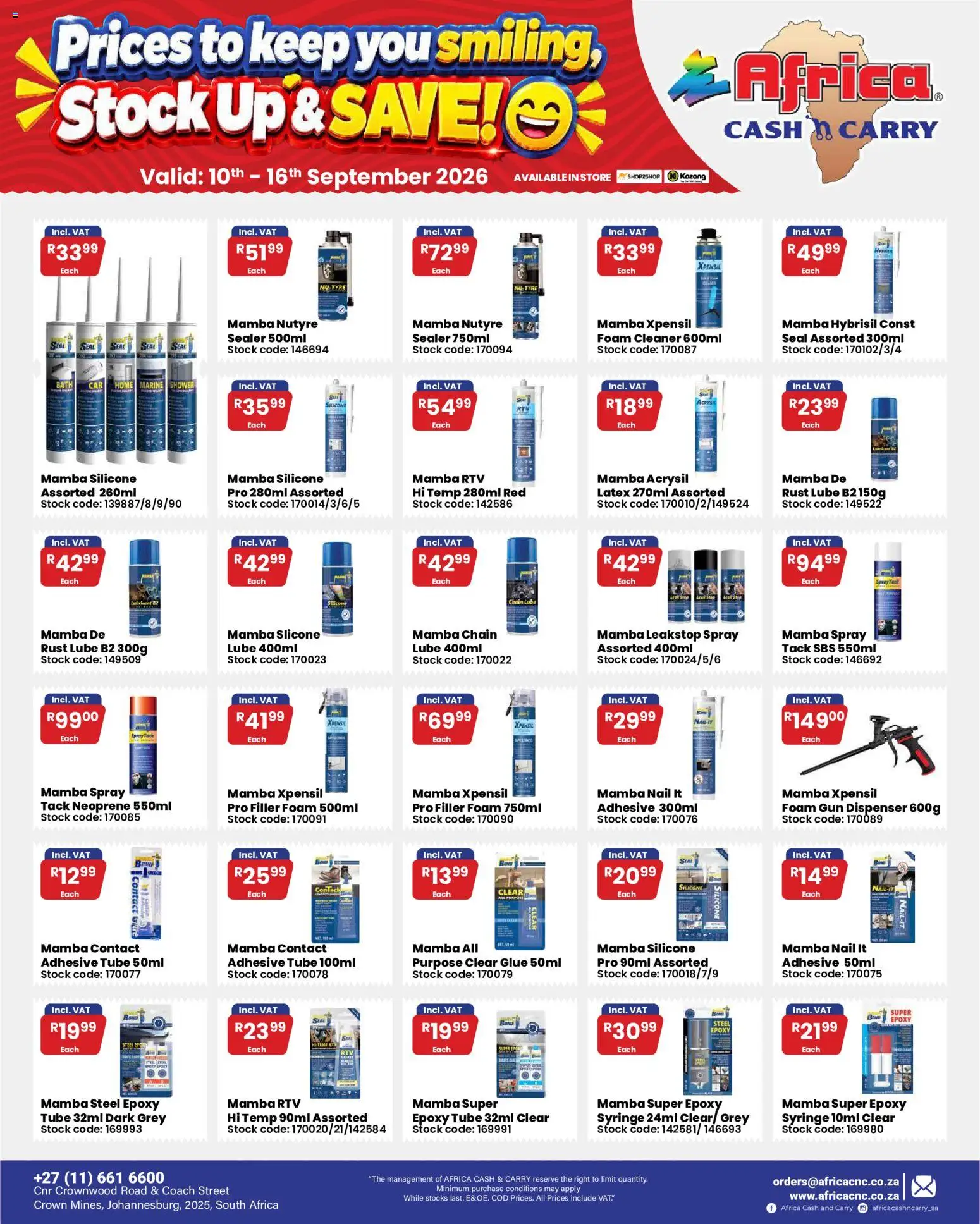 New Africa Cash & Carry catalogue – valid from 10/09/2026 | Page: 41 | Products: Adhesive, Stock, Silicone, Foam