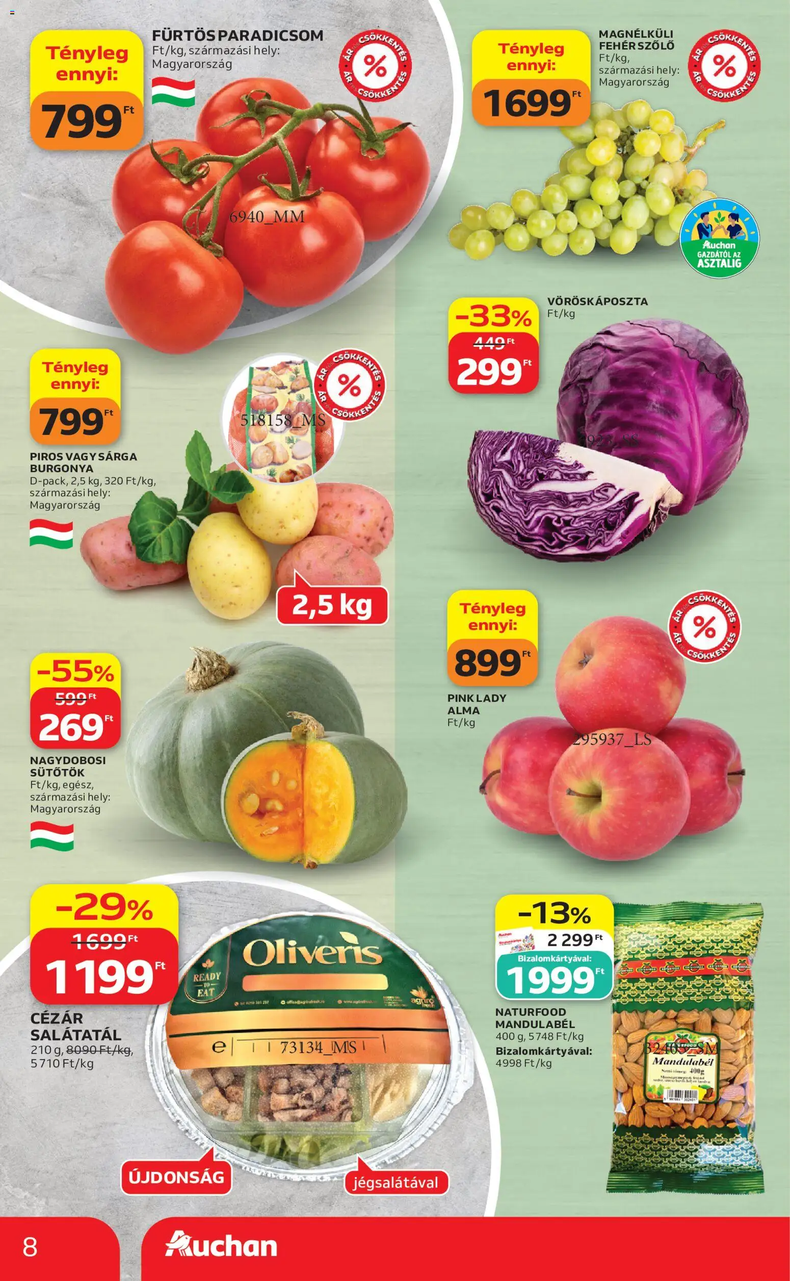 Auchan akciós ujság - amely érvényes a következő dátumtól: 2026.10.01. | Oldal: 8 | Termékek: Burgonya, Fehér szőlő, Alma, Paradicsom