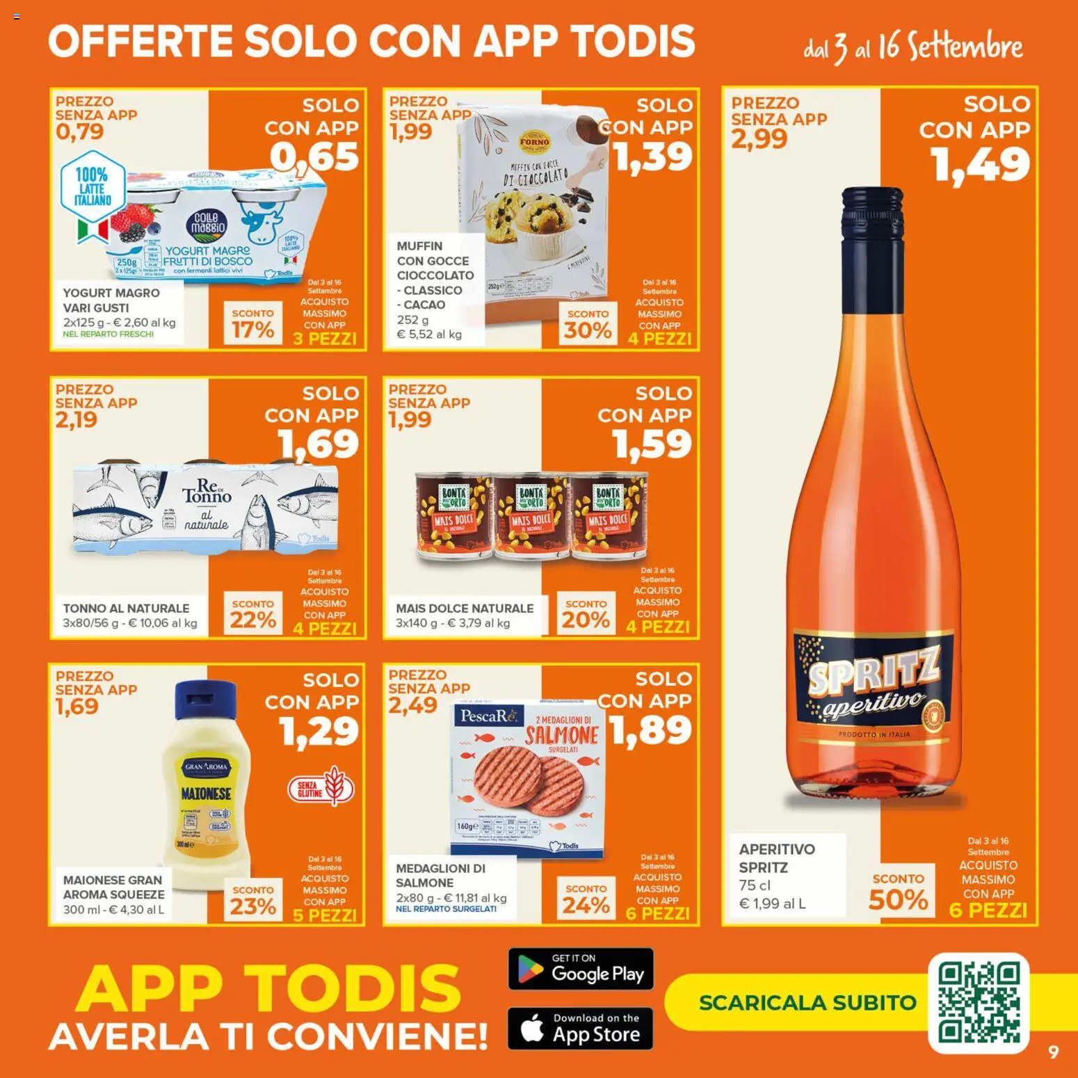 Volantino Todis del 03/09/2026 | Pagina: 9 | Prodotti: Frutti di bosco, Cioccolato, Yogurt magro, Muffin