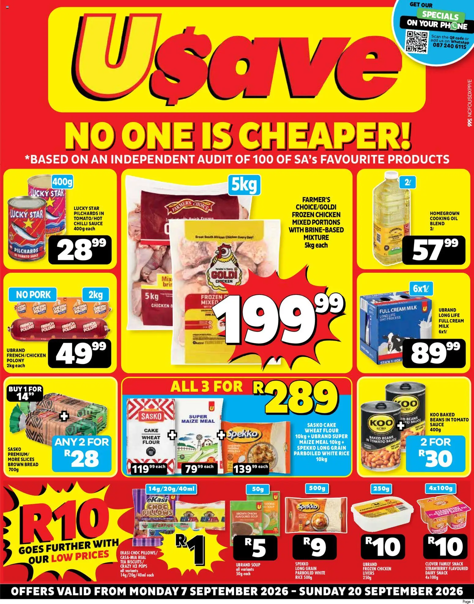 New Usave catalogue – valid from 07/09/2026 | Page: 1 | Products: Pilchards, Phone, Oil, Cream