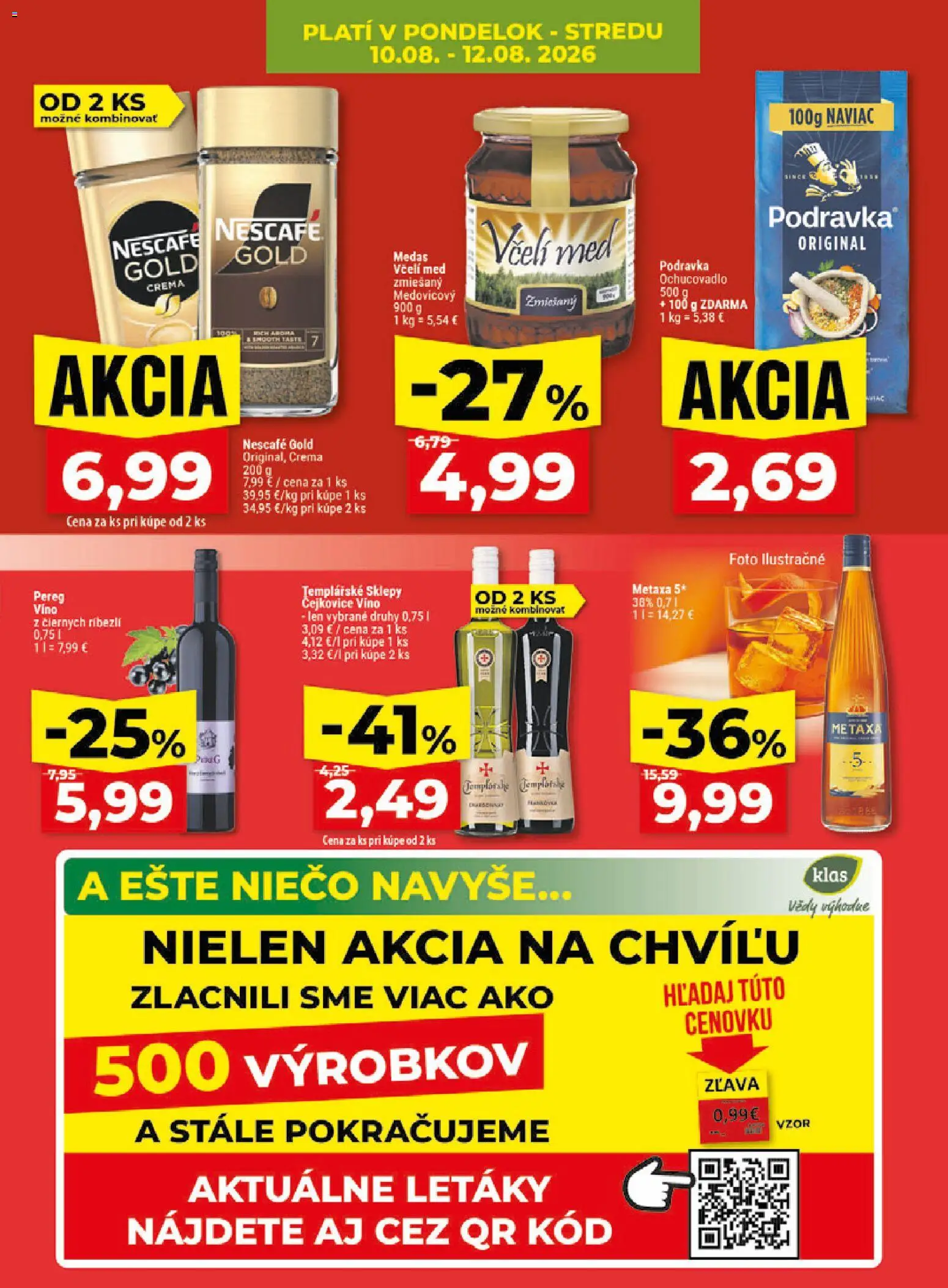 Nové Klas akcie – leták je platný od 10.08.2026 | Strana: 5 | Produkty: Metaxa, Víno, Metaxa 5*, Nescafé Gold