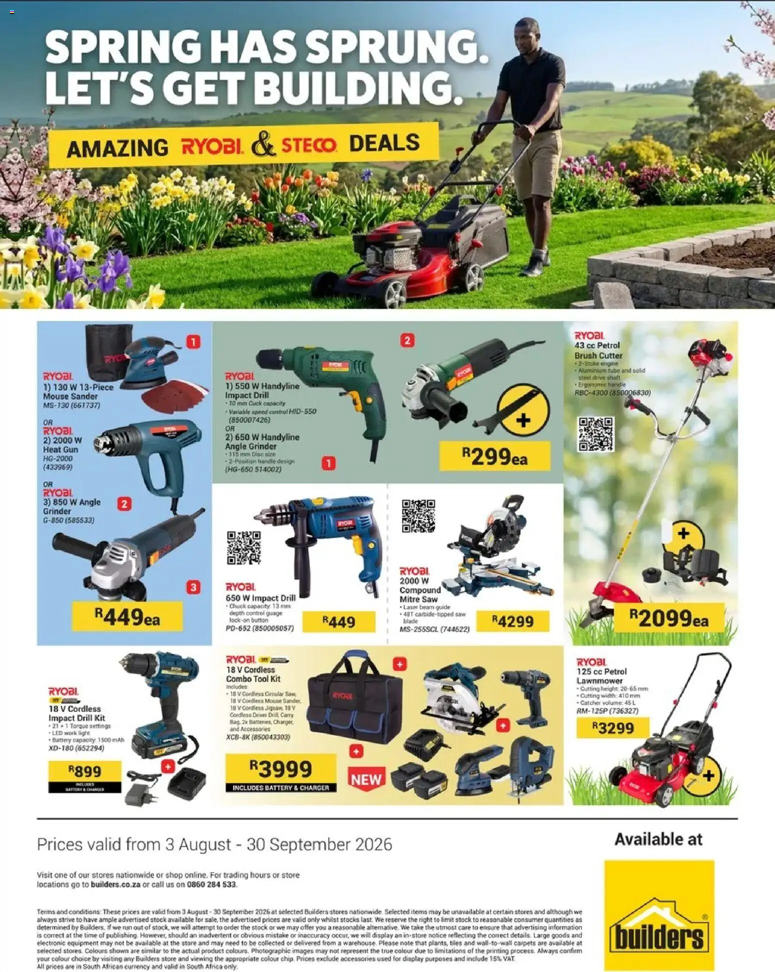 New Builders catalogue – valid from 03/08/2026 | Page: 1 | Products: Cutter, Drill, Charger, Angle grinder