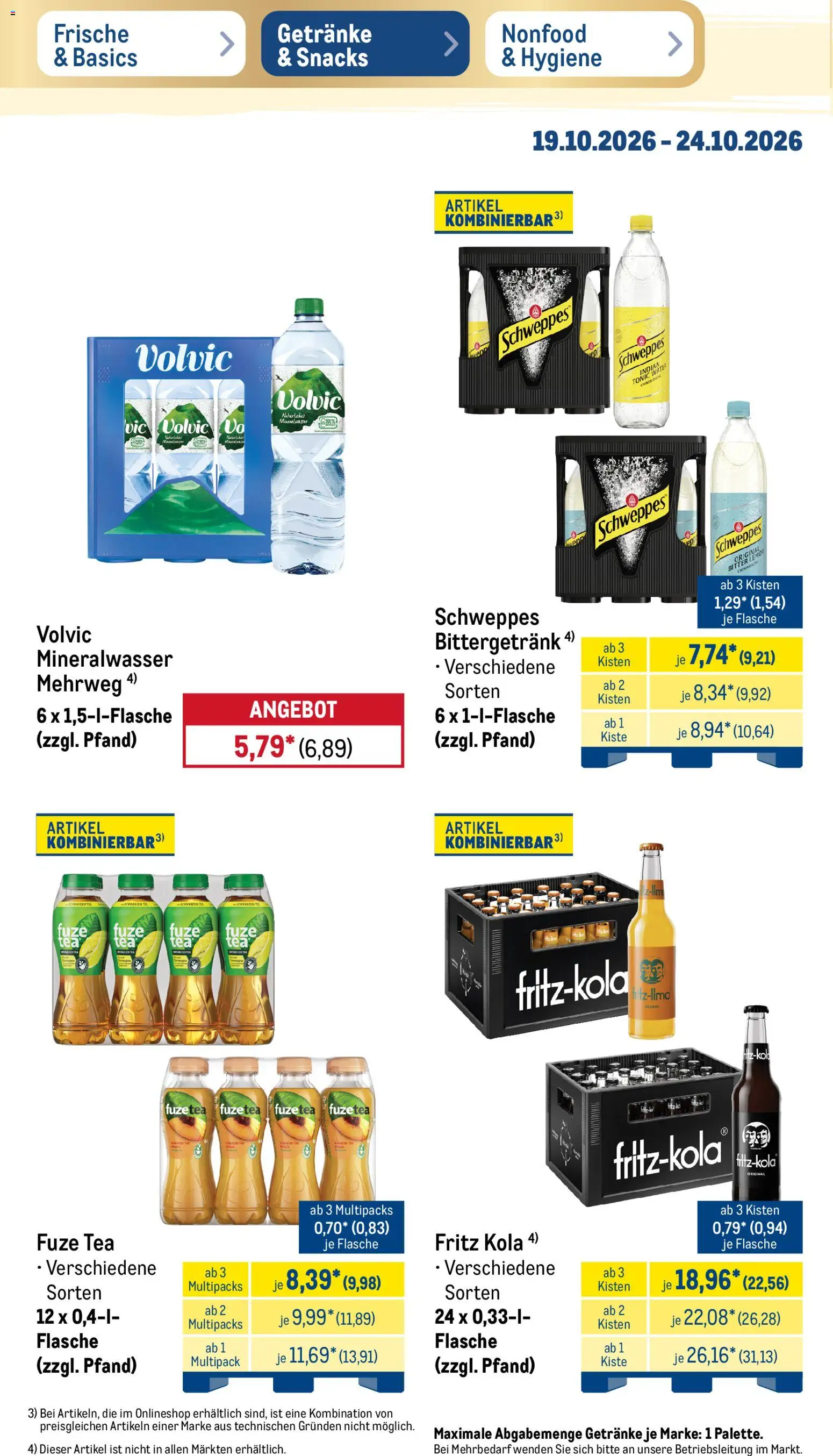 Metro NonFood-Angebote – gültig ab 19.10.2026 | Seite: 19 | Produkte: Fuze tea, Fritz kola, Mineralwasser, Volvic