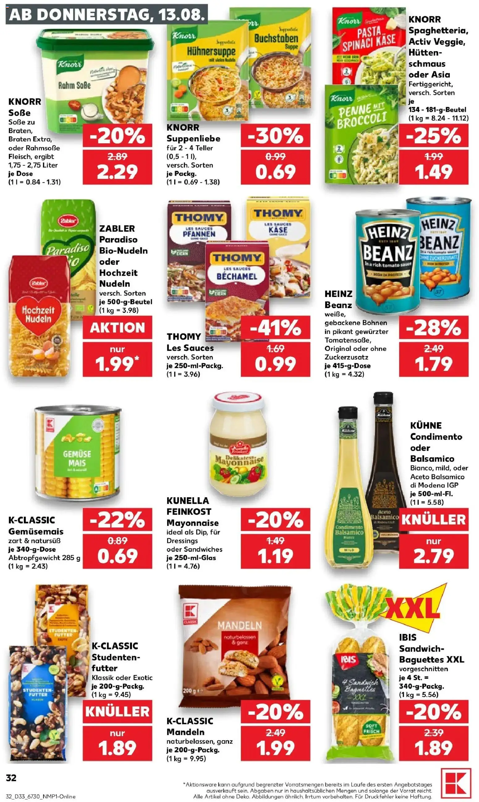 Prospekt Kaufland ab 13.08.2026 » Angebote Online zum Blättern | Seite: 32 | Produkte: Mandeln, Knorr, Mayonnaise, Pasta