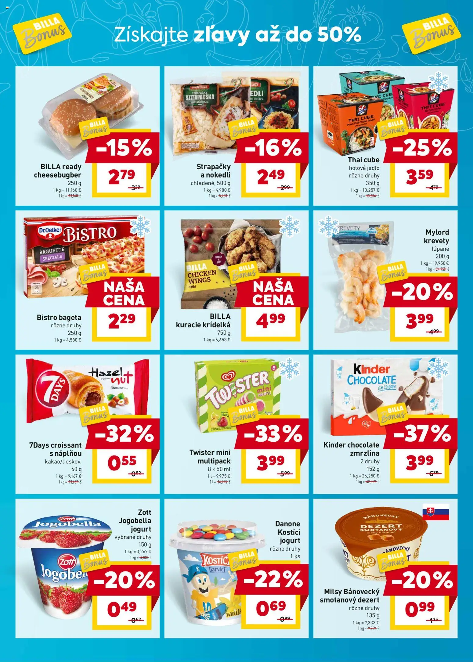 Nové Billa akcie – leták je platný od 07.04.2026 | Strana: 3 | Produkty: Krevety, Croissant, Kinder, Zmrzlina