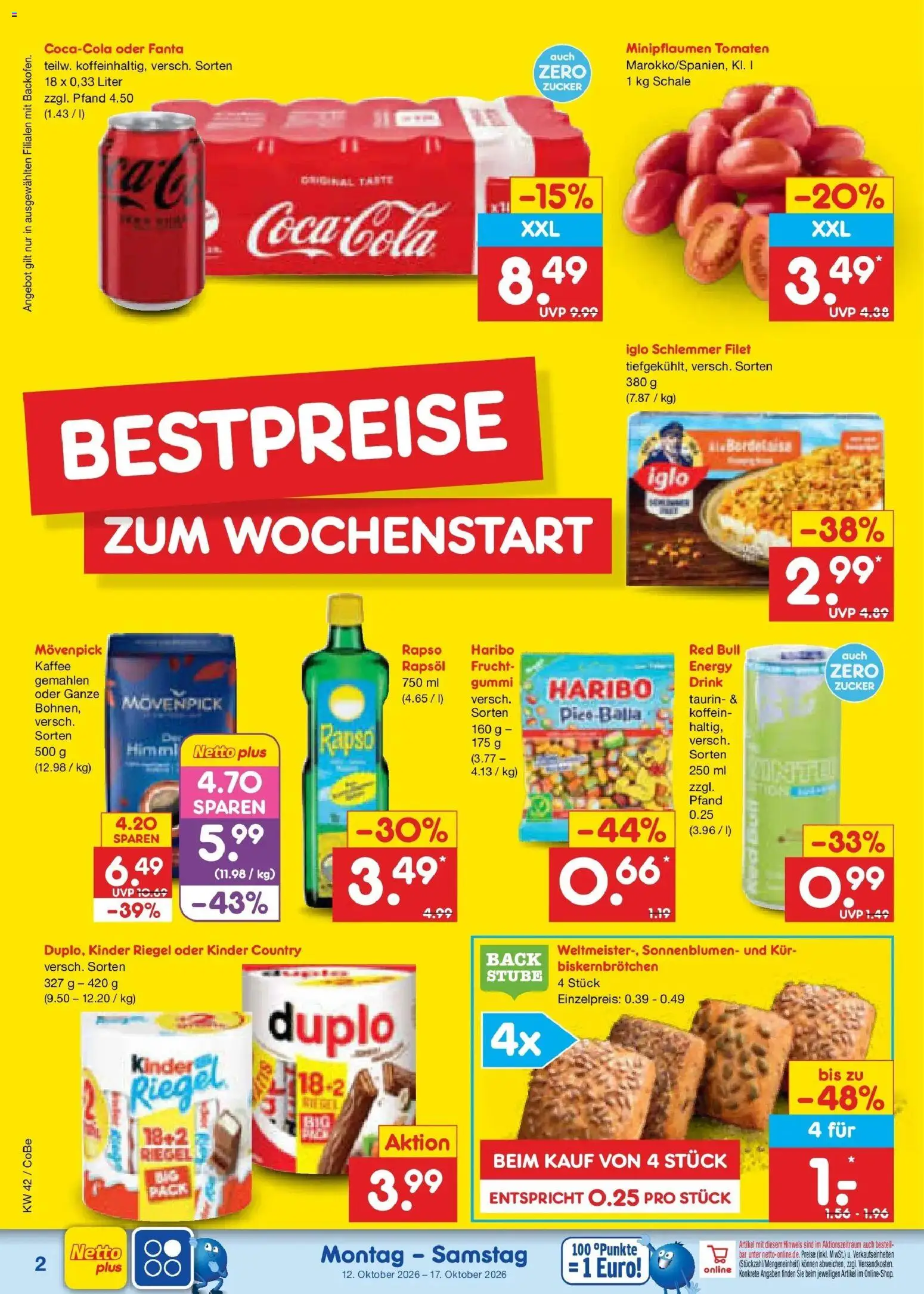 Netto Marken-Discount Prospekt Delitzsch – gültig ab 12.10.2026 | Seite: 2 | Produkte: Fanta, Haribo, Tomaten, Kinder country