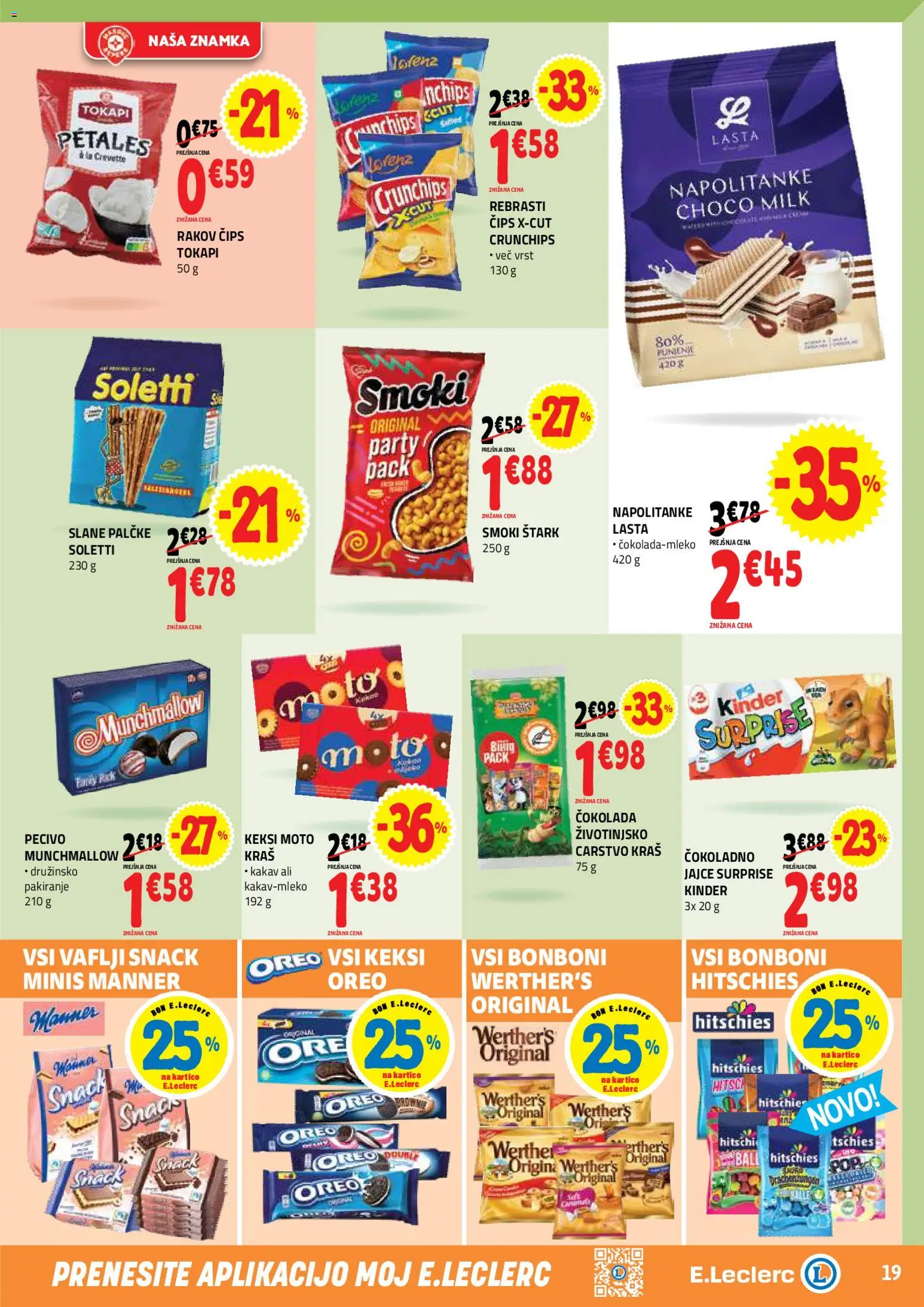 Novi E.leclerc katalog ponudbe – veljaven od 27.05.2026 | Stran: 19 | Izdelki: Bonboni, Slane palčke, Kakav, Cips