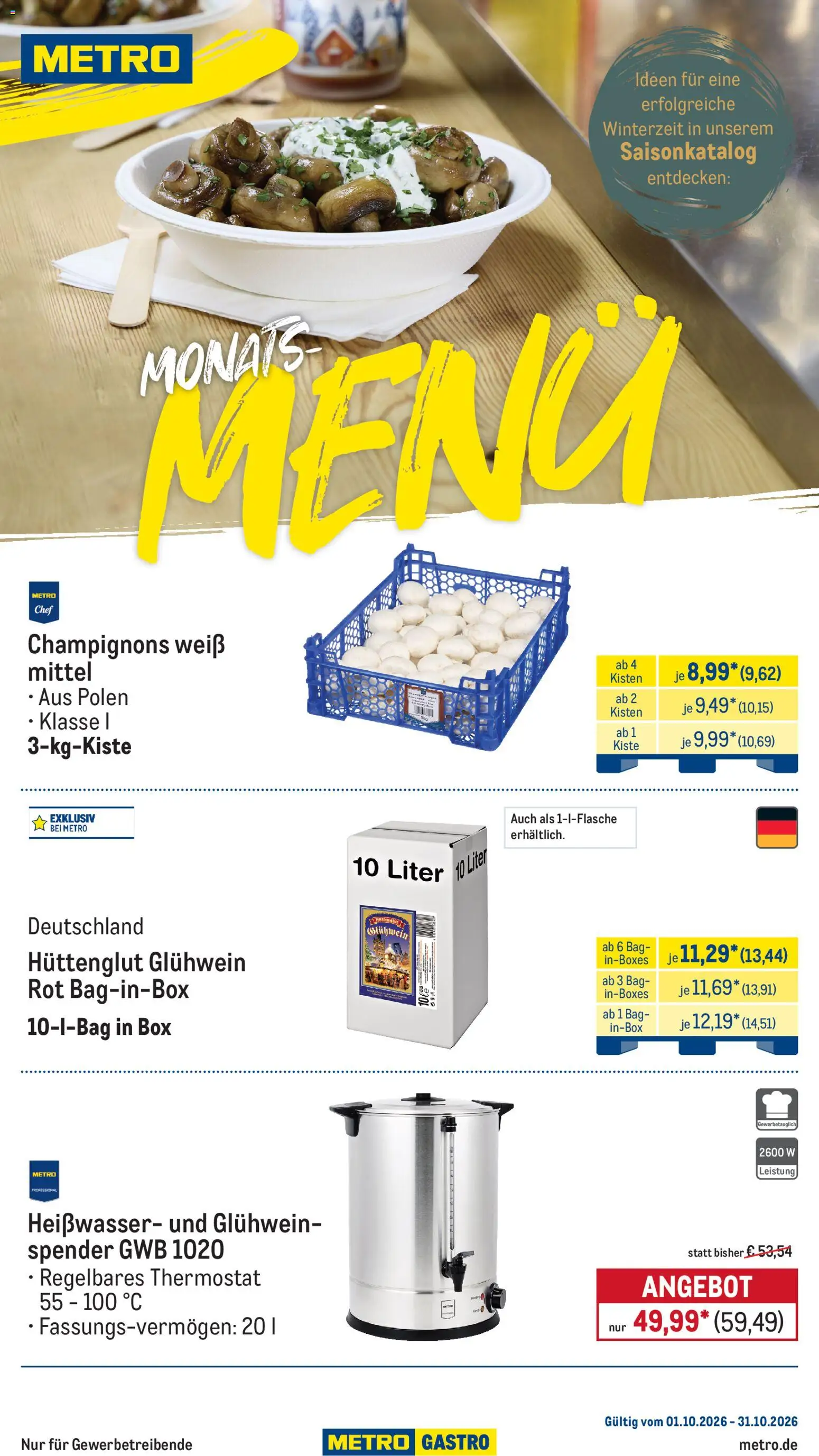 Metro Monats-Menü – gültig ab 01.10.2026 | Seite: 1 | Produkte: Box, Champignons