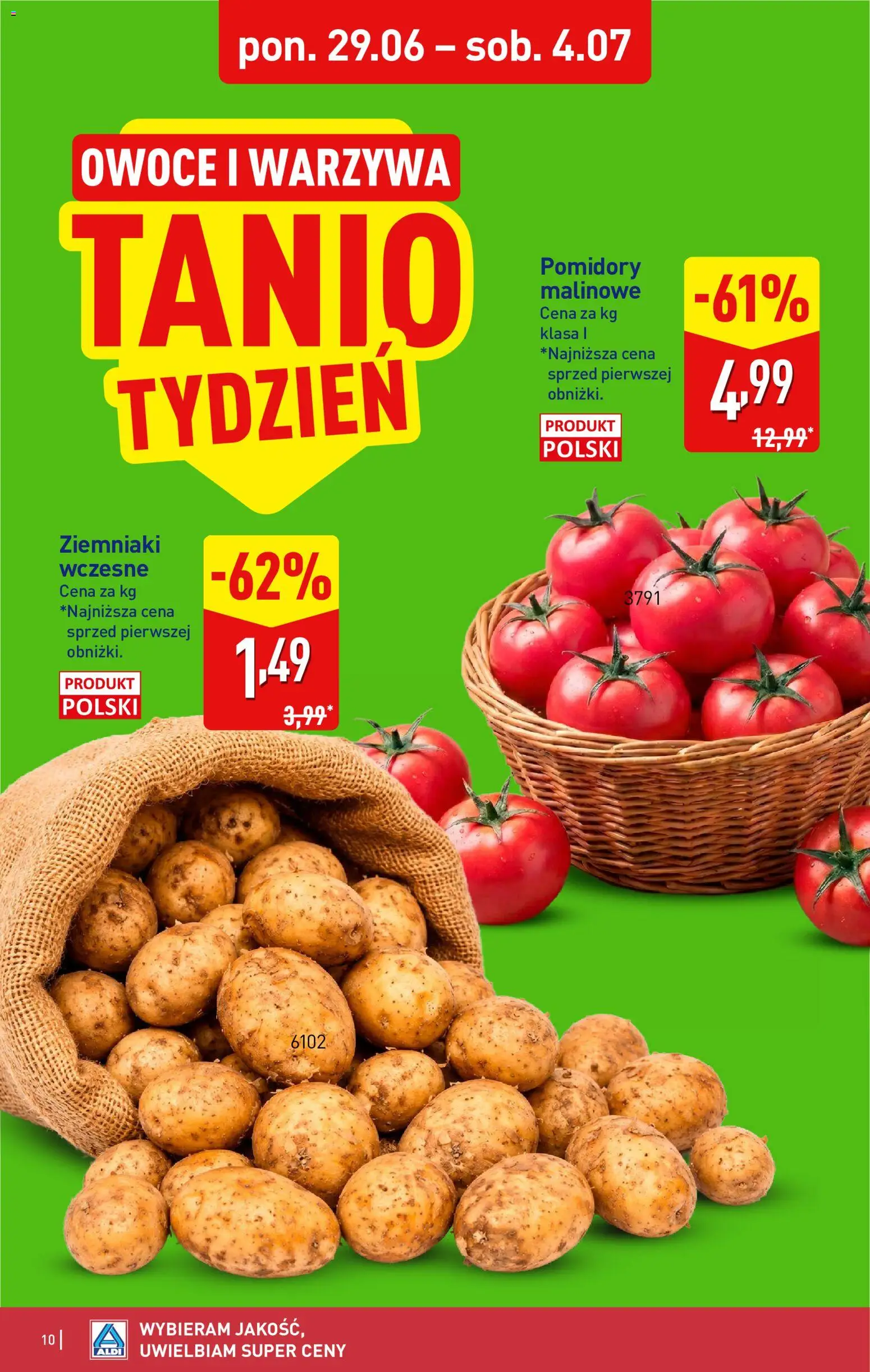 Aldi gazetka od 29.06.2026 | Strona: 10 | Produkty: Pomidory malinowe, Pomidory, Ziemniaki, Owoce