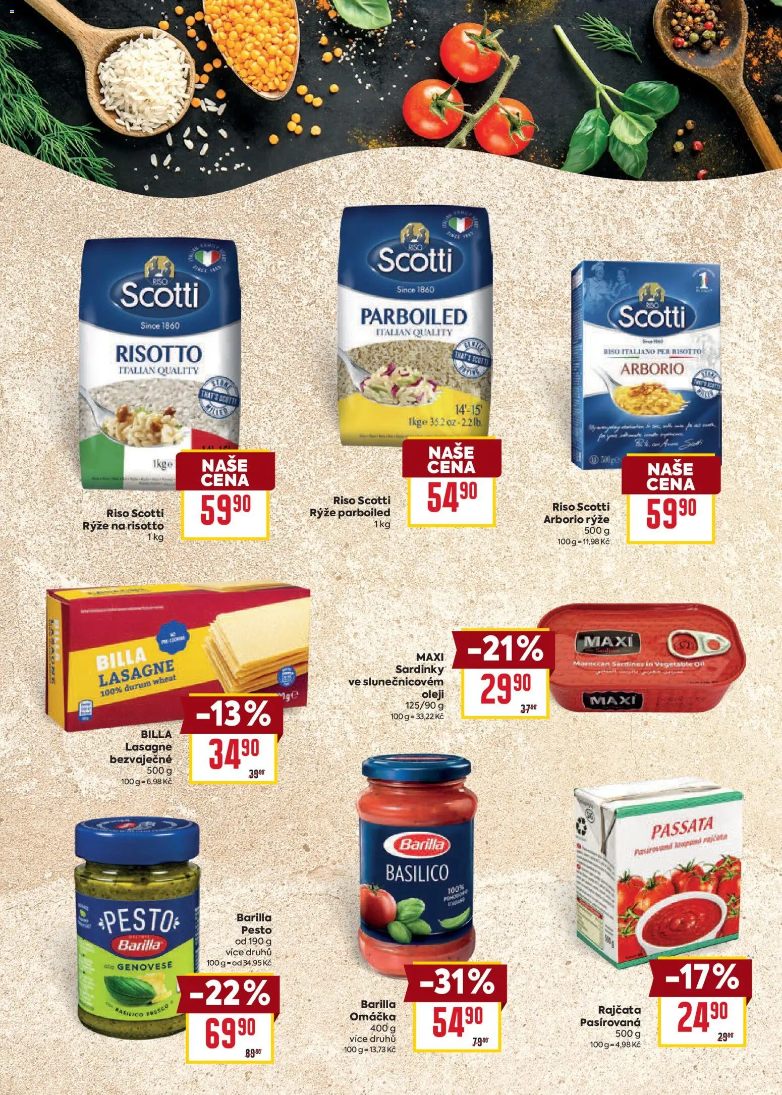 Billa leták - Bohatá chuť středomoří od 20.05.2026 | Strana: 18 | Produkty: Rajčata, Rýže, Sardinky, Lasagne