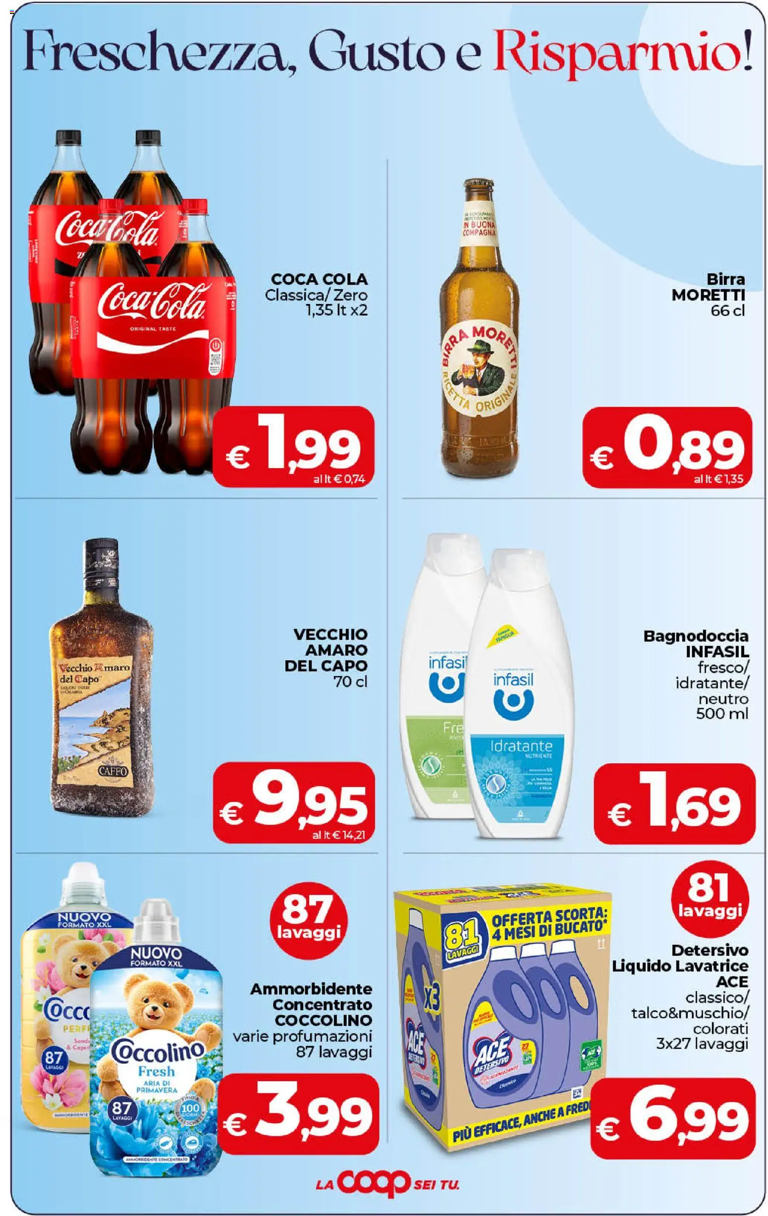 Volantino COOP del 11/08/2026 | Pagina: 4 | Prodotti: Birra, Ammorbidente, Amaro, Coca Cola