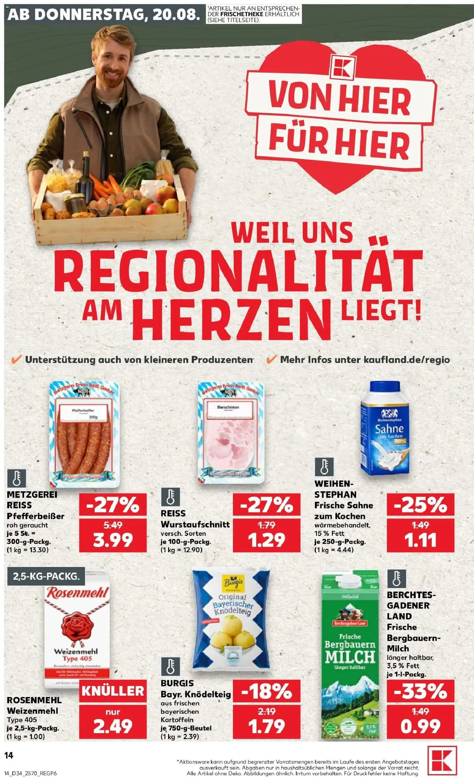 Prospekt Kaufland ab 20.08.2026 » Angebote Online zum Blättern | Seite: 14 | Produkte: Milch, Weizenmehl, Kartoffeln, Sahne