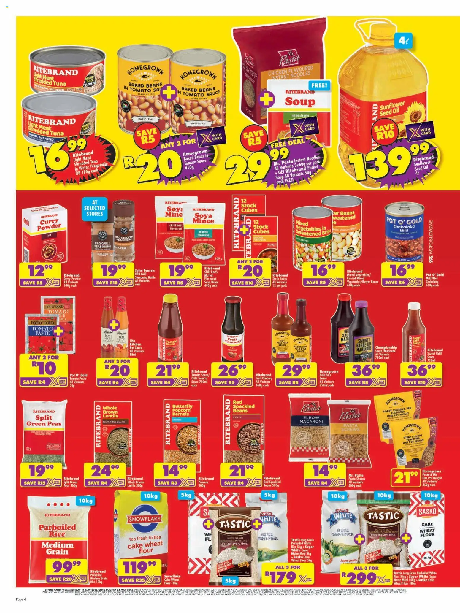 New Shoprite catalogue – valid from 11.05.2026 | Page: 4 | Products: Flour, Seasoning, Tomato sauce, Salt
