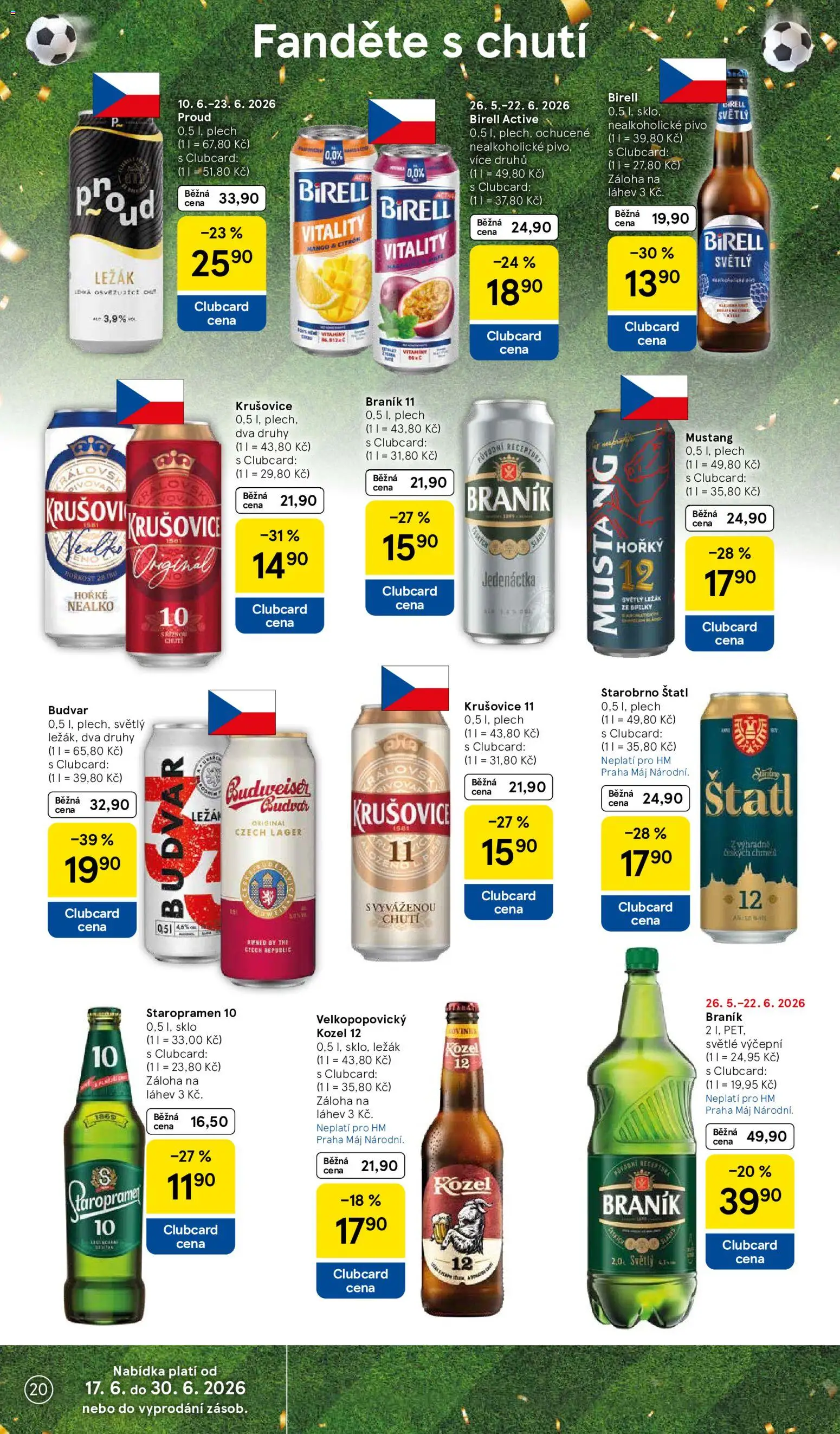 Tesco leták - Hypermarket od 17.06.2026 | Strana: 20 | Produkty: Velkopopovický Kozel 12, Staropramen 10, Velkopopovický Kozel, Nealkoholické pivo