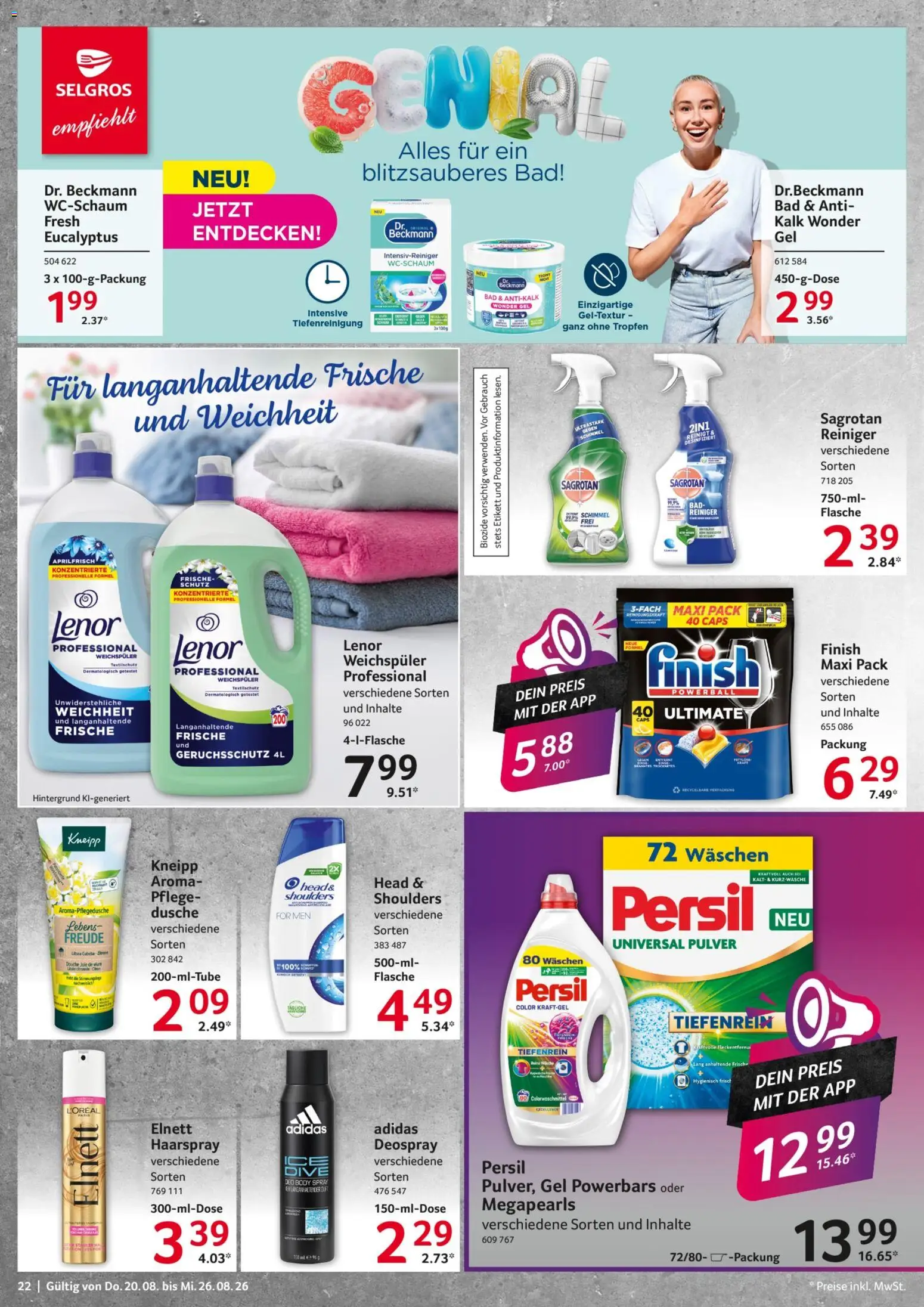 Selgros Prospekt – gültig ab 20.08.2026 | Seite: 22 | Produkte: Dusche, Duft, Haarspray, Weichspüler