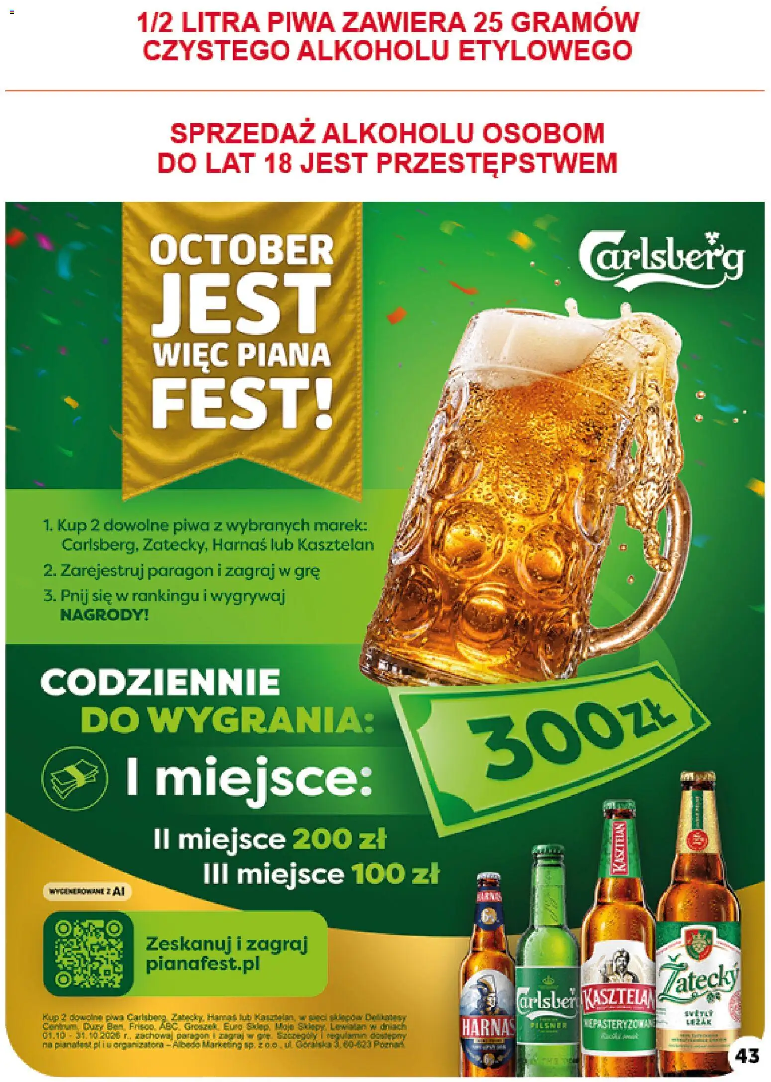 Euro Sklep gazetka od 01.10.2026 | Strona: 43 | Produkty: Groszek, Carlsberg, Harnaś, Piana