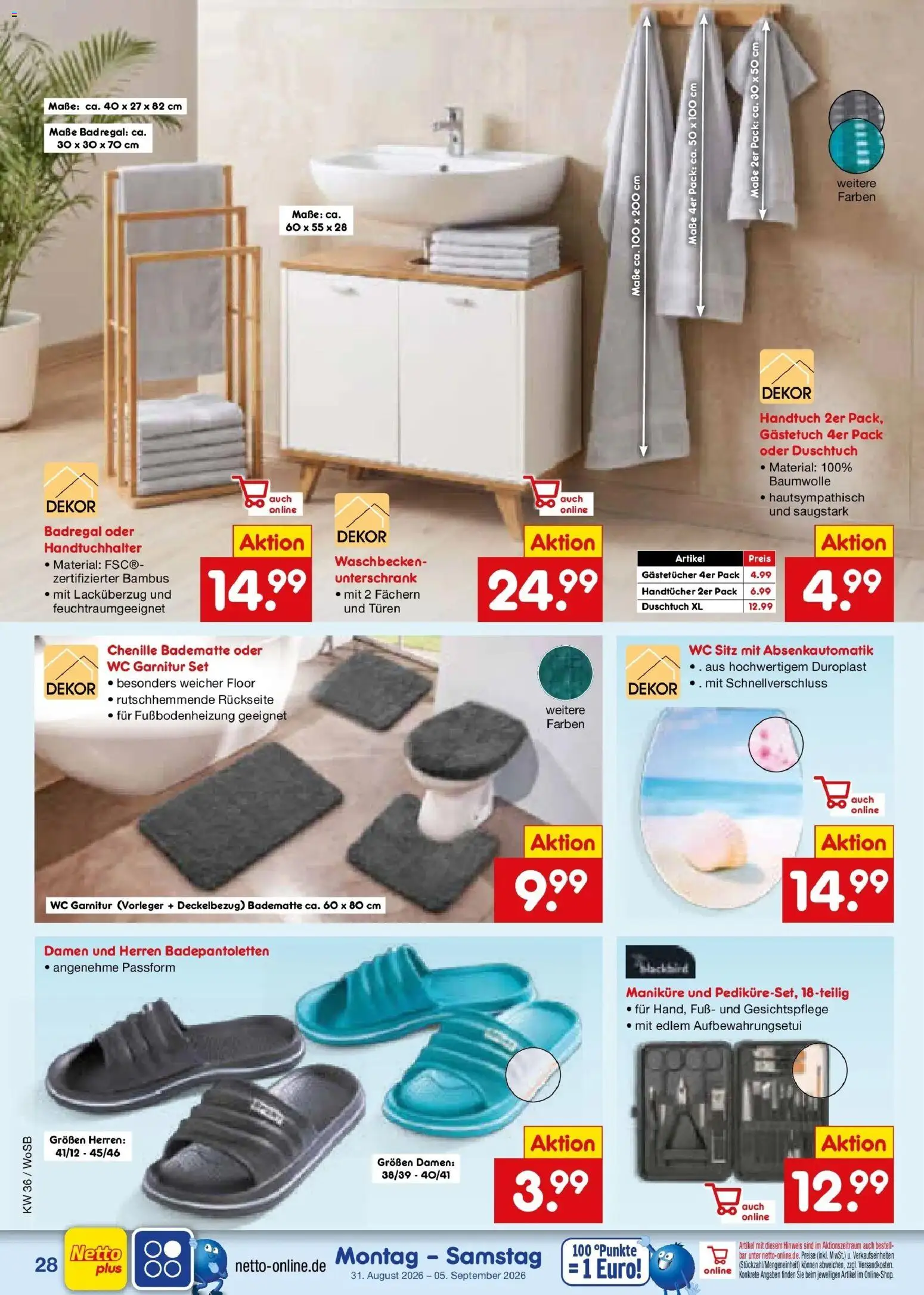 Netto Marken-Discount Prospekt Mannheim (ab 31.08.2026) » Angebote | Seite: 38 | Produkte: Waschbecken, WC Sitz, Handtuchhalter, Badregal