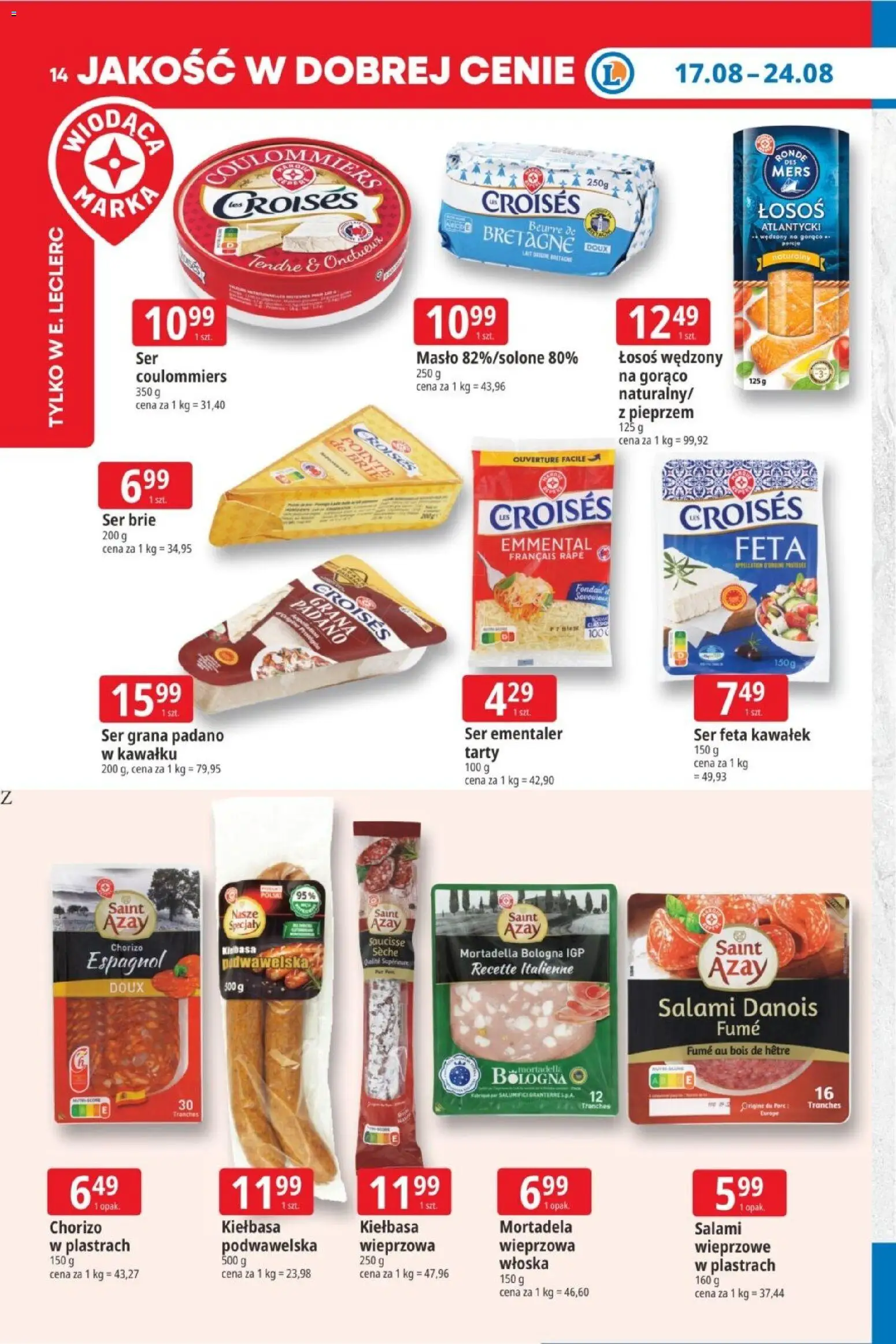 E.Leclerc gazetka od 17.08.2026 | Strona: 14 | Produkty: Kiełbasa, Łosoś wędzony, Salami, Ser feta