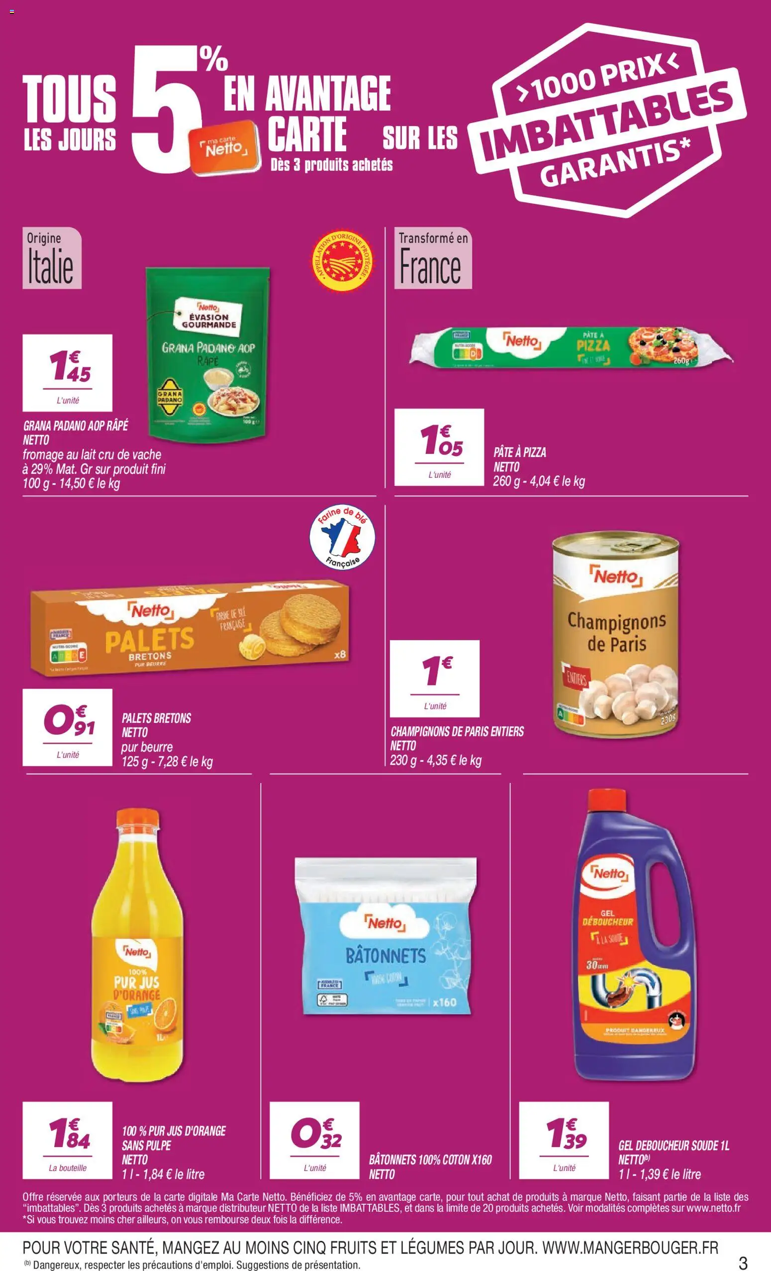 {H1} | Page: 3 | Produits: Jus d'orange, Champignons, Distributeur, Beurre