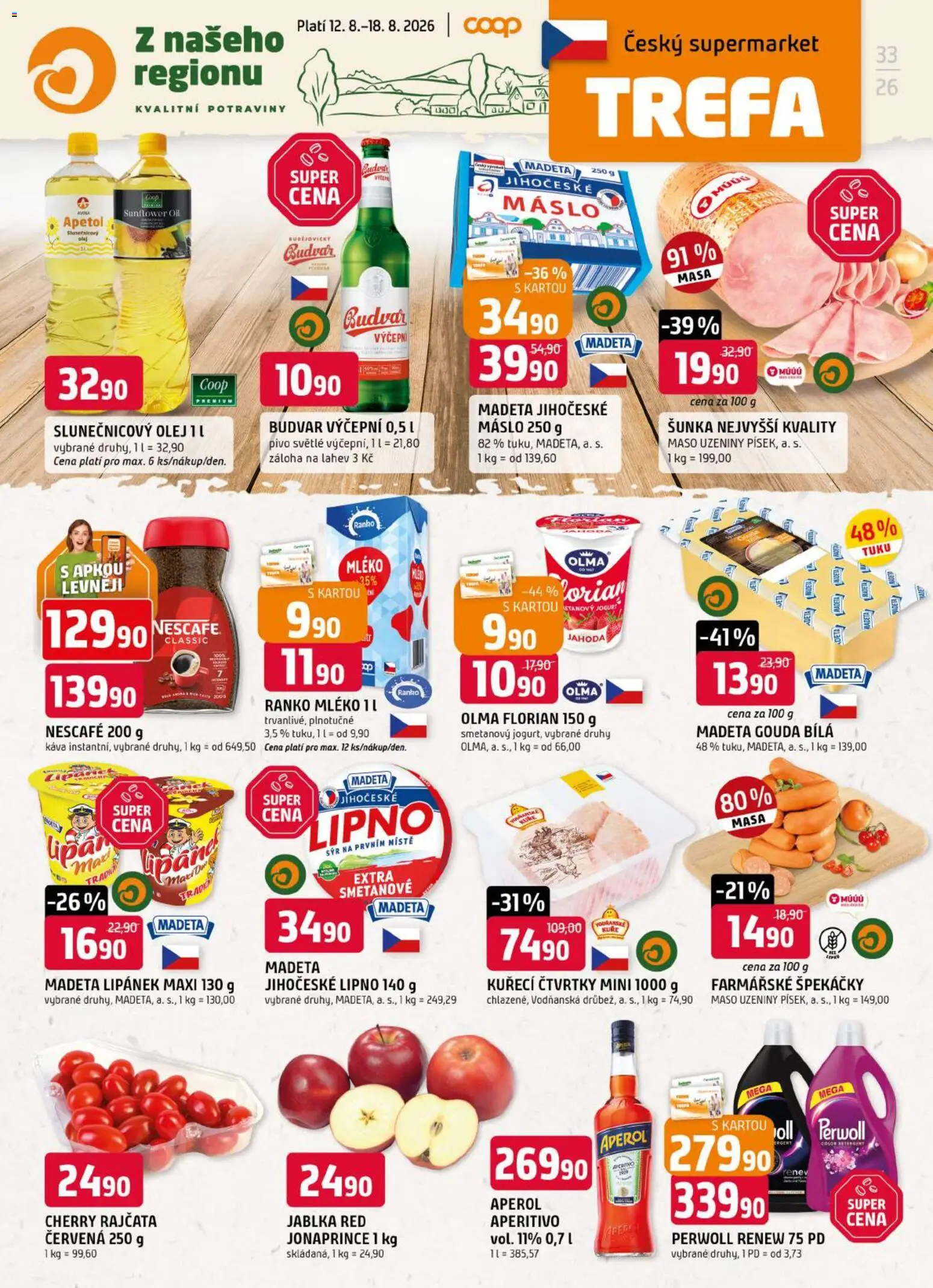 Trefa leták od 12.08.2026 | Strana: 1 | Produkty: Pivo, Perwoll, Aperitivo, Máslo 250 g