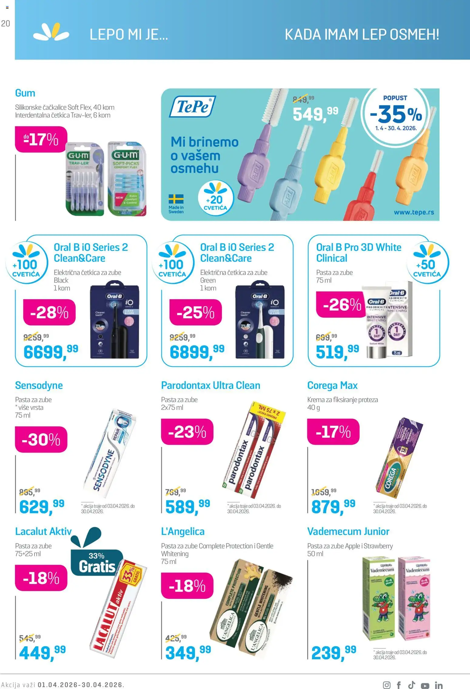 Lilly drogerie katalog - važi od 01.04.2026 | Strana: 20 | Proizvode: Električna četkica, Krema, Parodontax, Četkica za zube