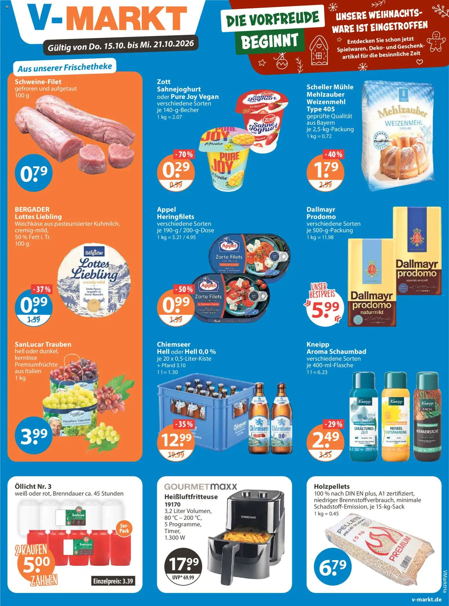 V-Markt Angebote – gültig ab 15.10.2026 | Seite: 1 | Produkte: Mühle, Trauben, Weizenmehl, Schweinefilet
