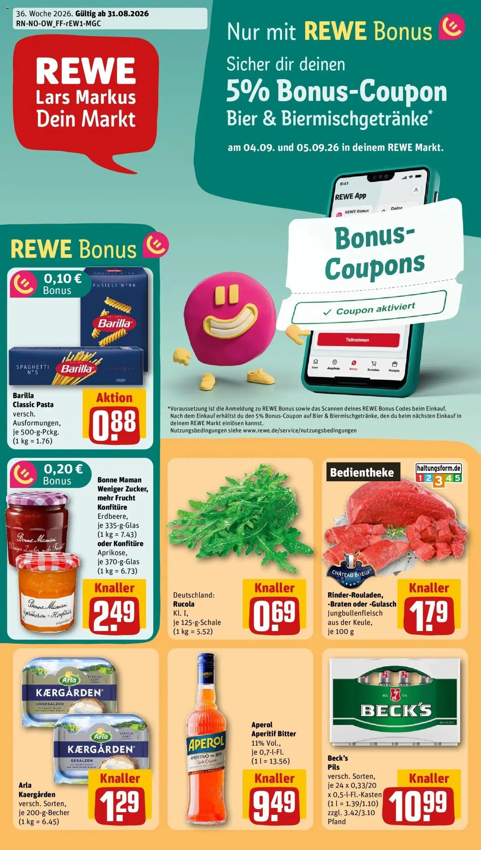 REWE Prospekt ab 31.08.2026 zum Blättern » Angebote | Seite: 1 | Produkte: Butter, Barilla, Pils, Pasta
