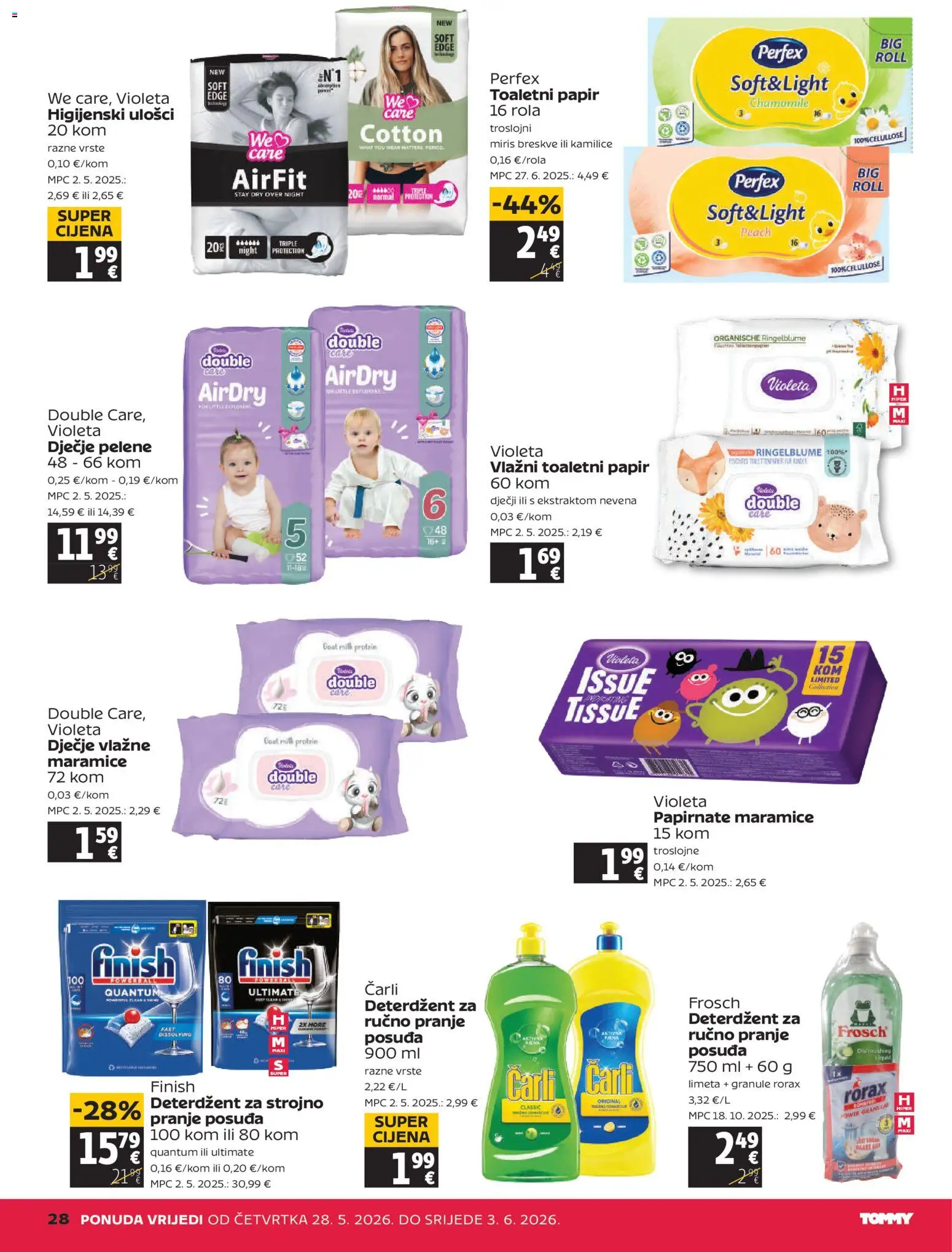 Tommy katalog | vrijedi od 28.05.2026 | Stranica: 28 | Proizvodi: Pelene, Higijenski ulošci, Deterdžent, Toaletni papir