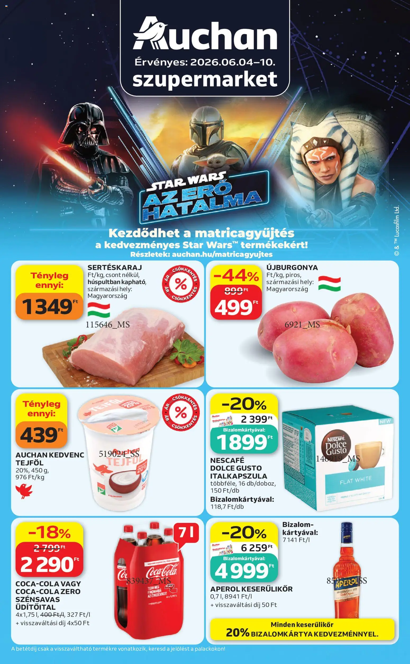Auchan akciós ujság - amely érvényes a következő dátumtól: 04.06.2026 | Oldal: 1 | Termékek: Aperol, Nescafé, Sertéskaraj, Coca Cola