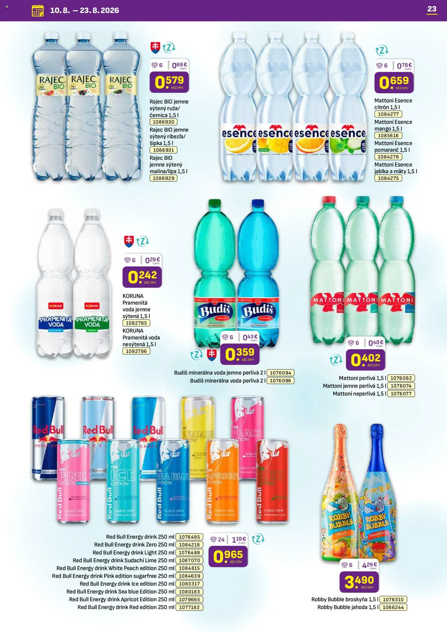 Nové Libex akcie – leták je platný od 10.08.2026 | Strana: 23 | Produkty: Jablká, Pramenitá voda, Budiš, Mattoni