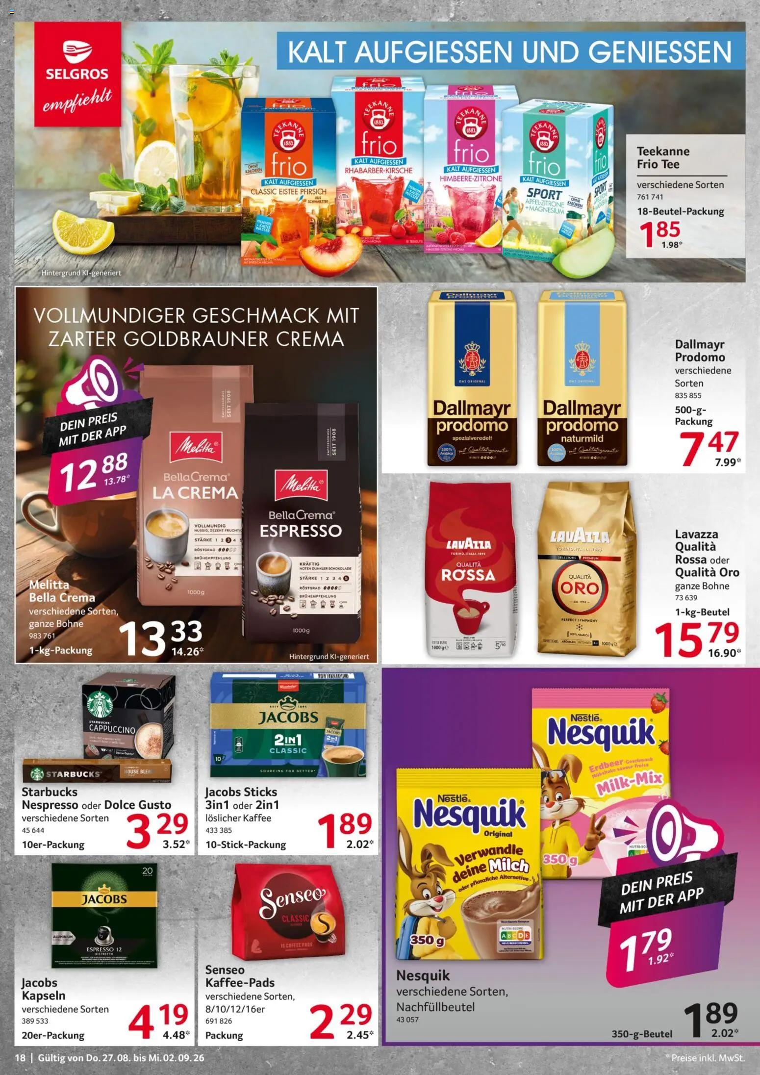 Selgros Prospekt – gültig ab 27.08.2026 | Seite: 18 | Produkte: Starbucks, Tee, Löslicher Kaffee, Dolce gusto
