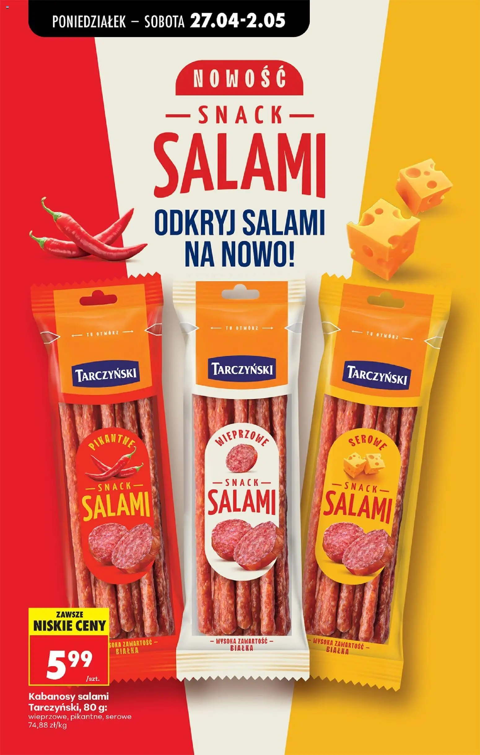 Biedronka gazetka od poniedziałku od 27.04.2026 | Strona: 93 | Produkty: Kabanosy, Salami