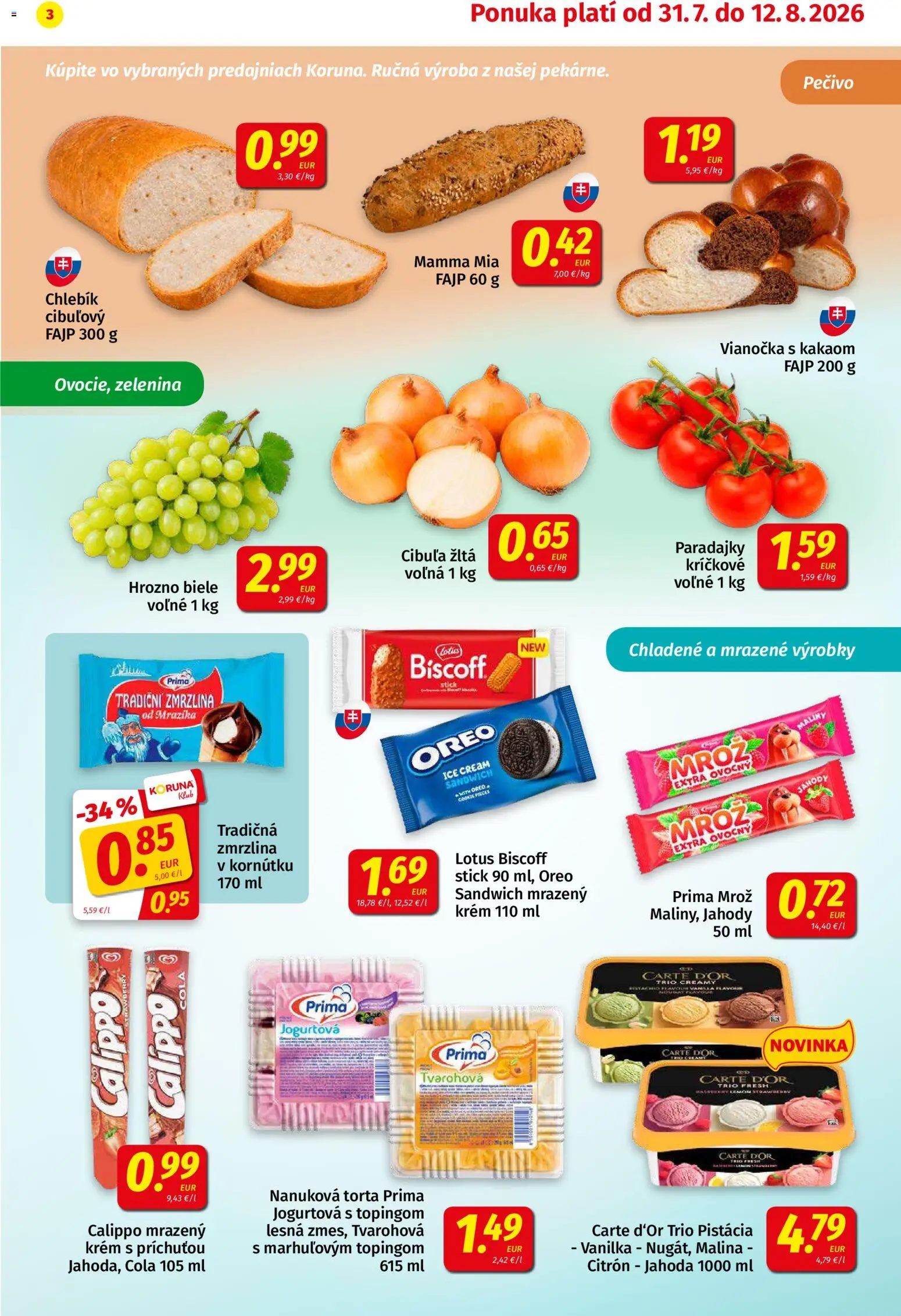 Nové Koruna akcie – leták je platný od 31.07.2026 | Strana: 3 | Produkty: Torta, Oreo, Cola, Hrozno