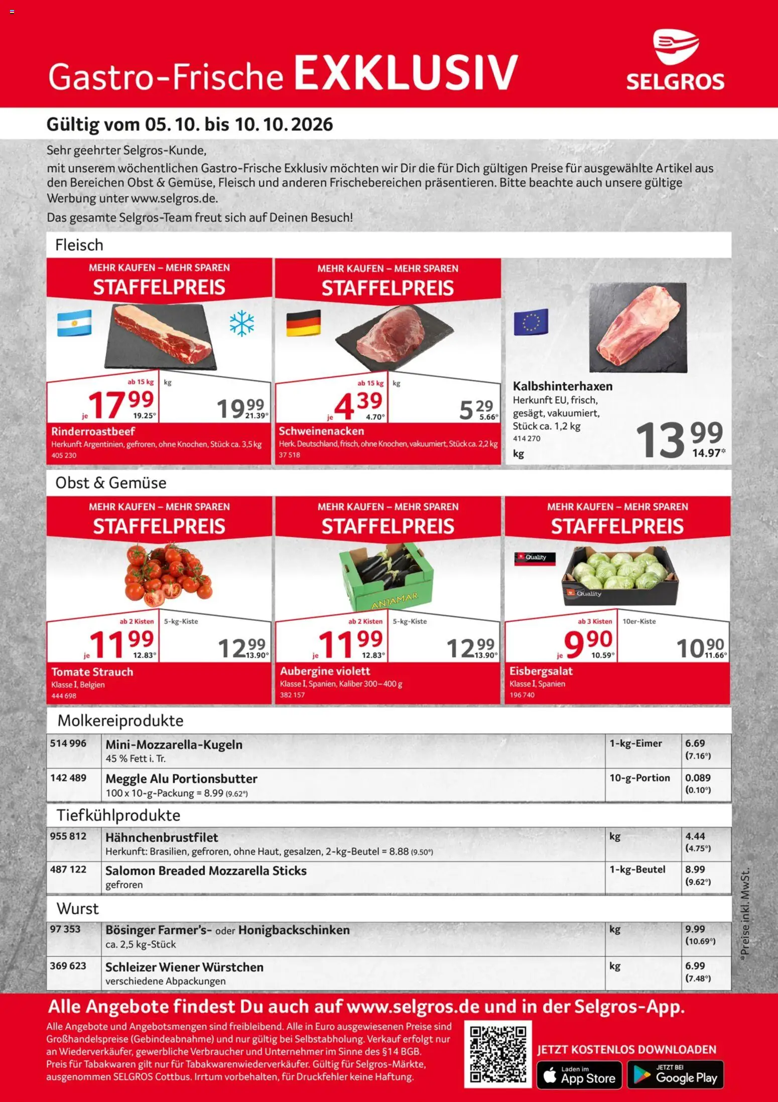 Selgros Gastro Angebote – gültig ab 05.10.2026 | Seite: 1 | Produkte: Schweinenacken, Eisbergsalat, Obst, Wurst