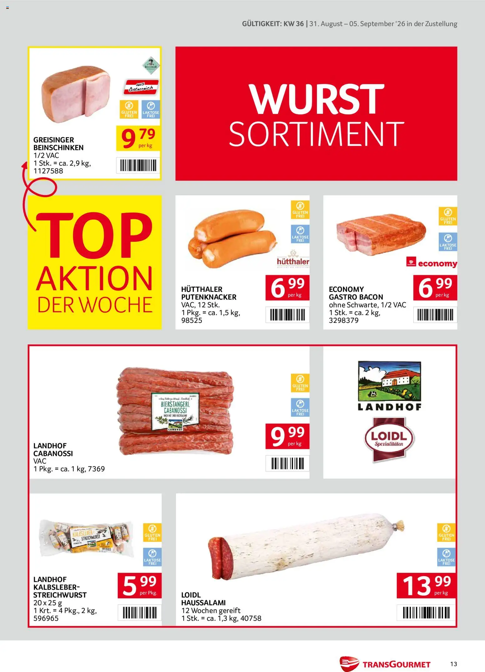 Transgourmet Zustellaktion gültig ab 31.08.2026 | Seite: 13 | Produkte: Wurst