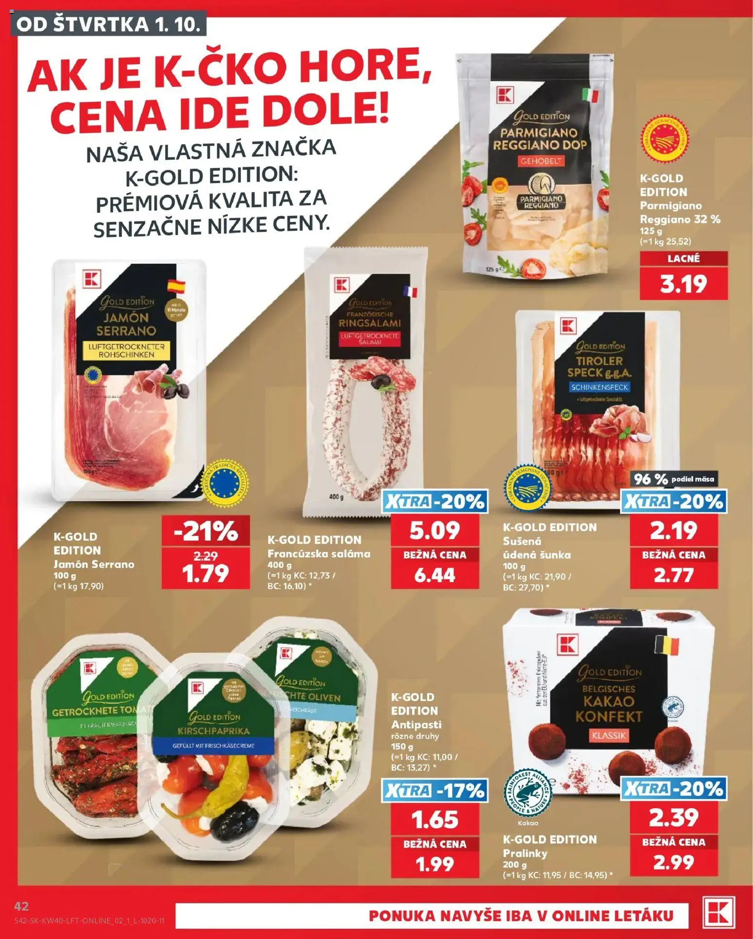 Nové Kaufland akcie – leták je platný od 01.10.2026 | Strana: 42 | Produkty: Saláma, Šunka, Jamón Serrano, Kakao