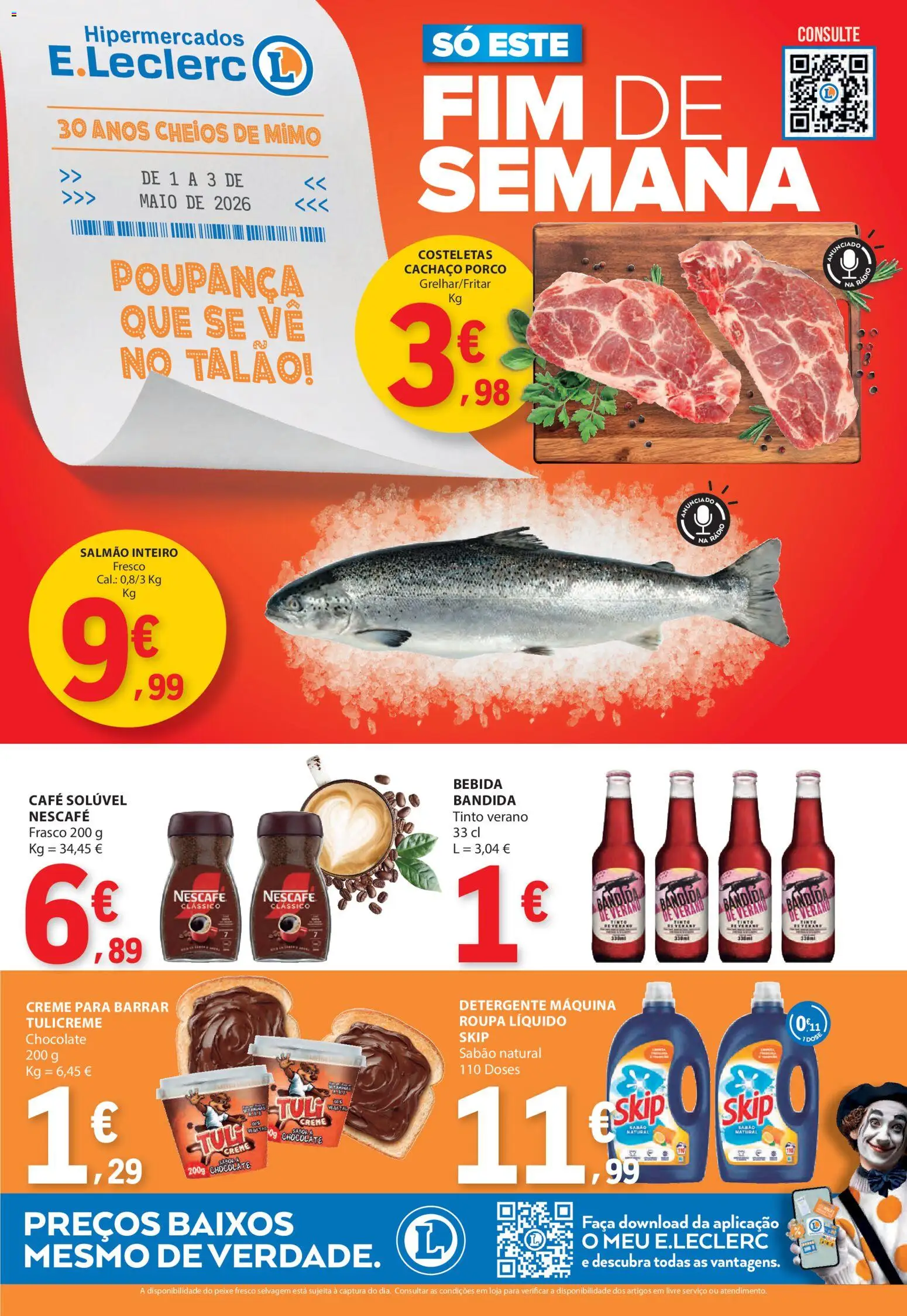 E.Leclerc Catálogo Fim de Semana │ válido de 01.05.2026 | Página: 1 | Produtos: Rádio, Detergente, Chocolate, Creme
