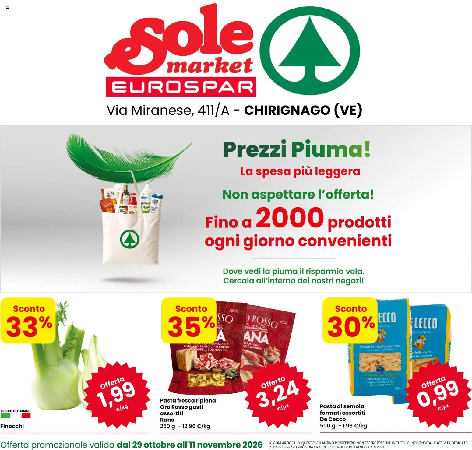 Volantino Eurospar del 29/10/2026 | Pagina: 1 | Prodotti: Prosciutto Crudo, De Cecco, Pasta di semola, Finocchi