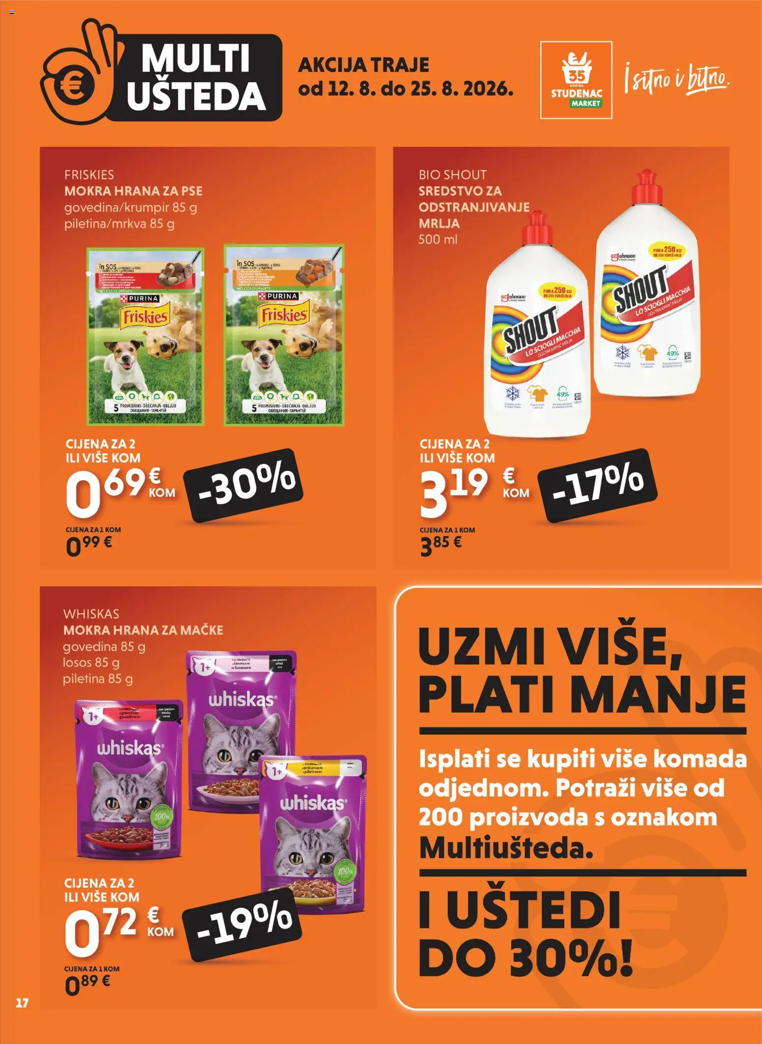 Studenac katalog | vrijedi od 12.08.2026 | Stranica: 17 | Proizvodi: Whiskas, Hrana za pse, Govedina, Losos