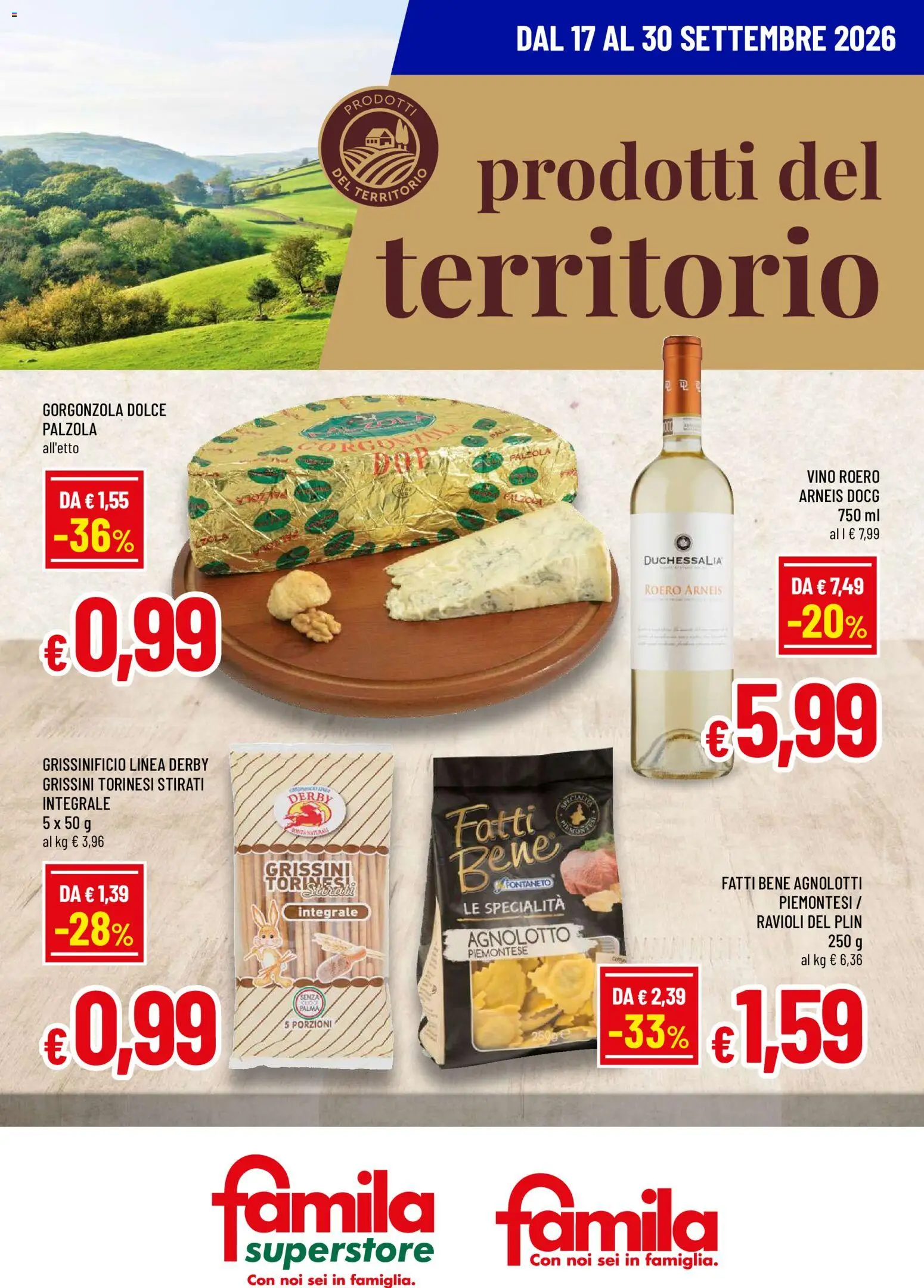 Volantino Famila del 17/09/2026 | Pagina: 1 | Prodotti: Vino, Ravioli, Grissini, Gorgonzola